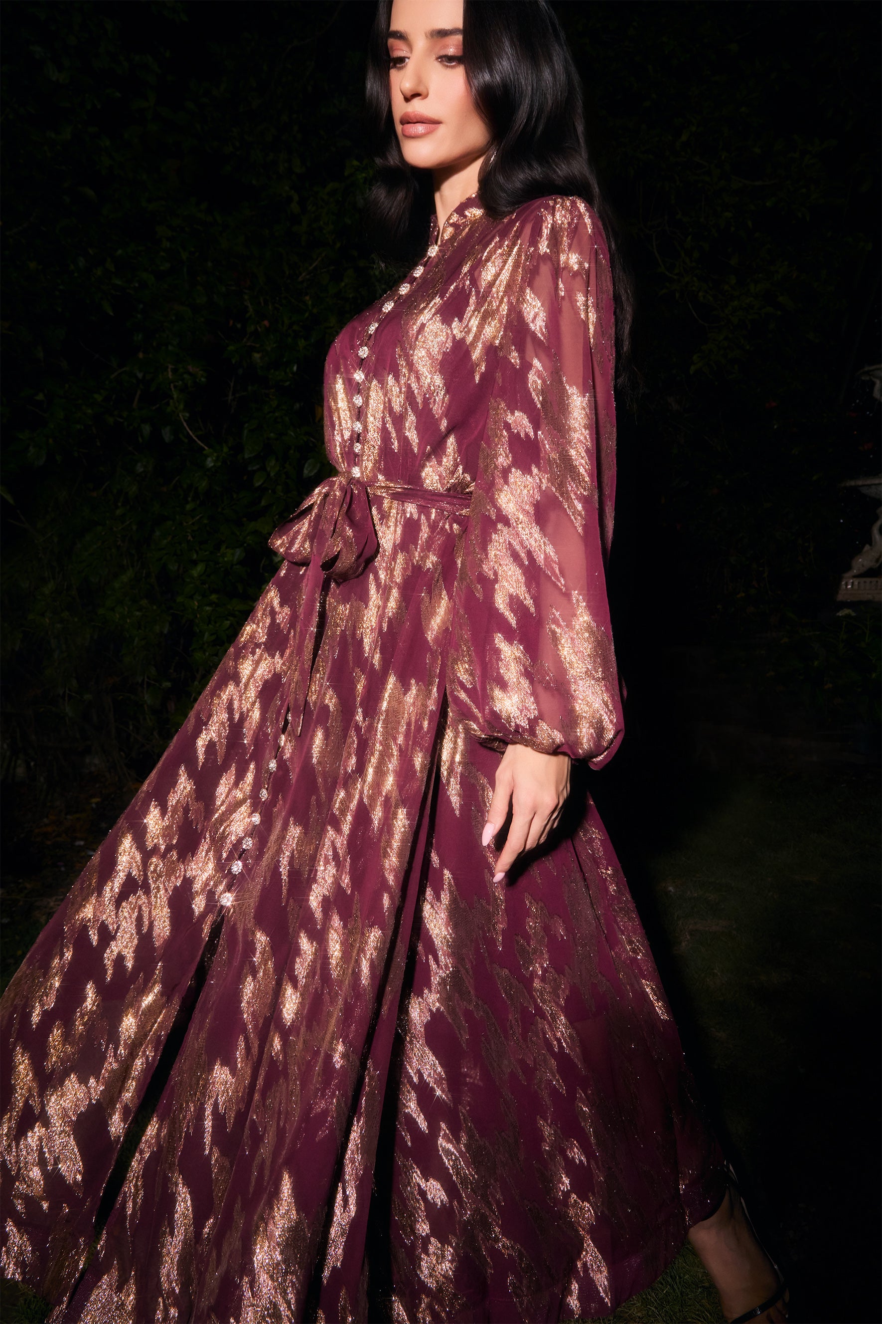 Aitana Metallic Print Puff Sleeve Maxi Dress