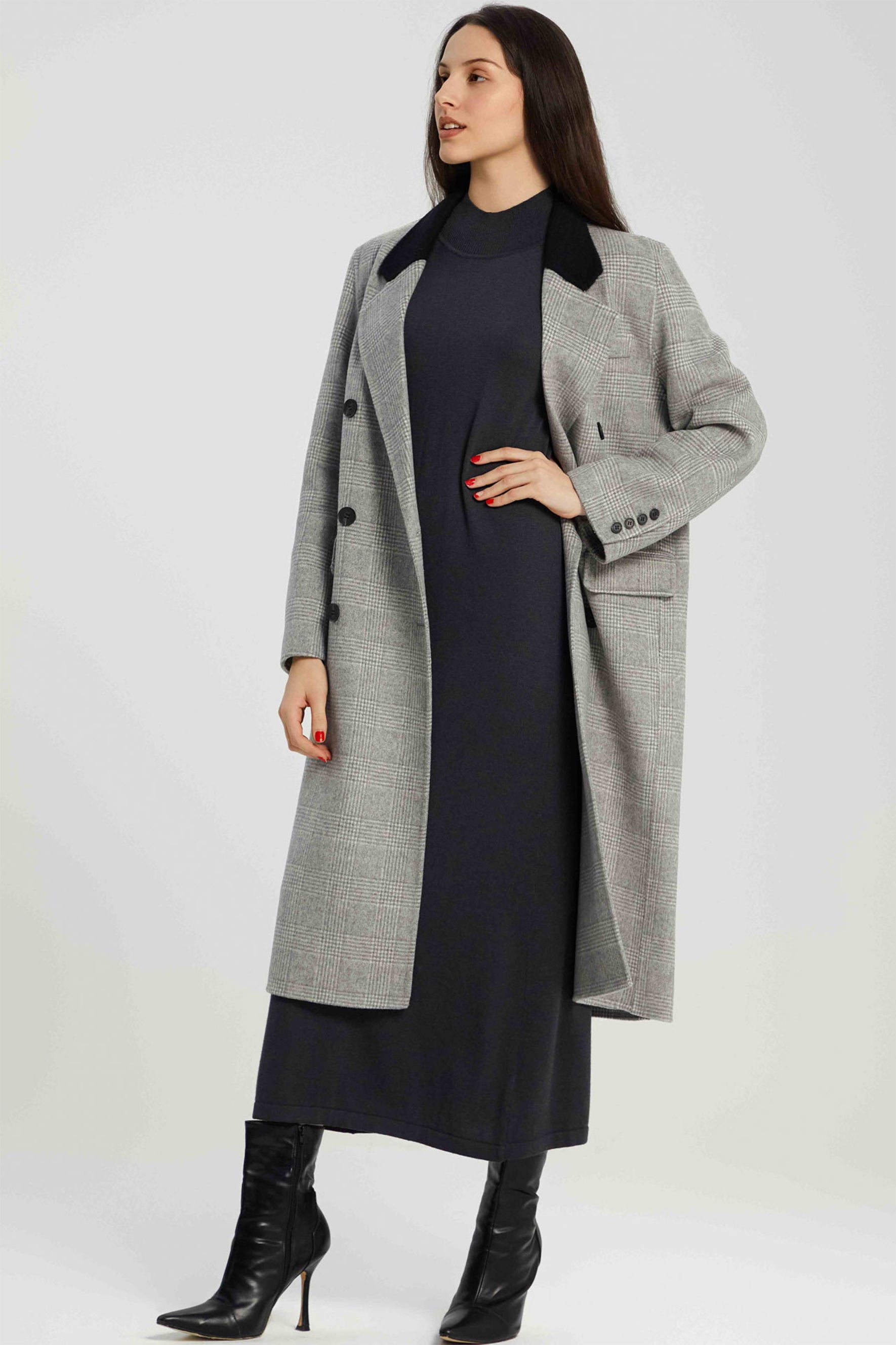 Brina Double Breasted Plaid Wool Coat