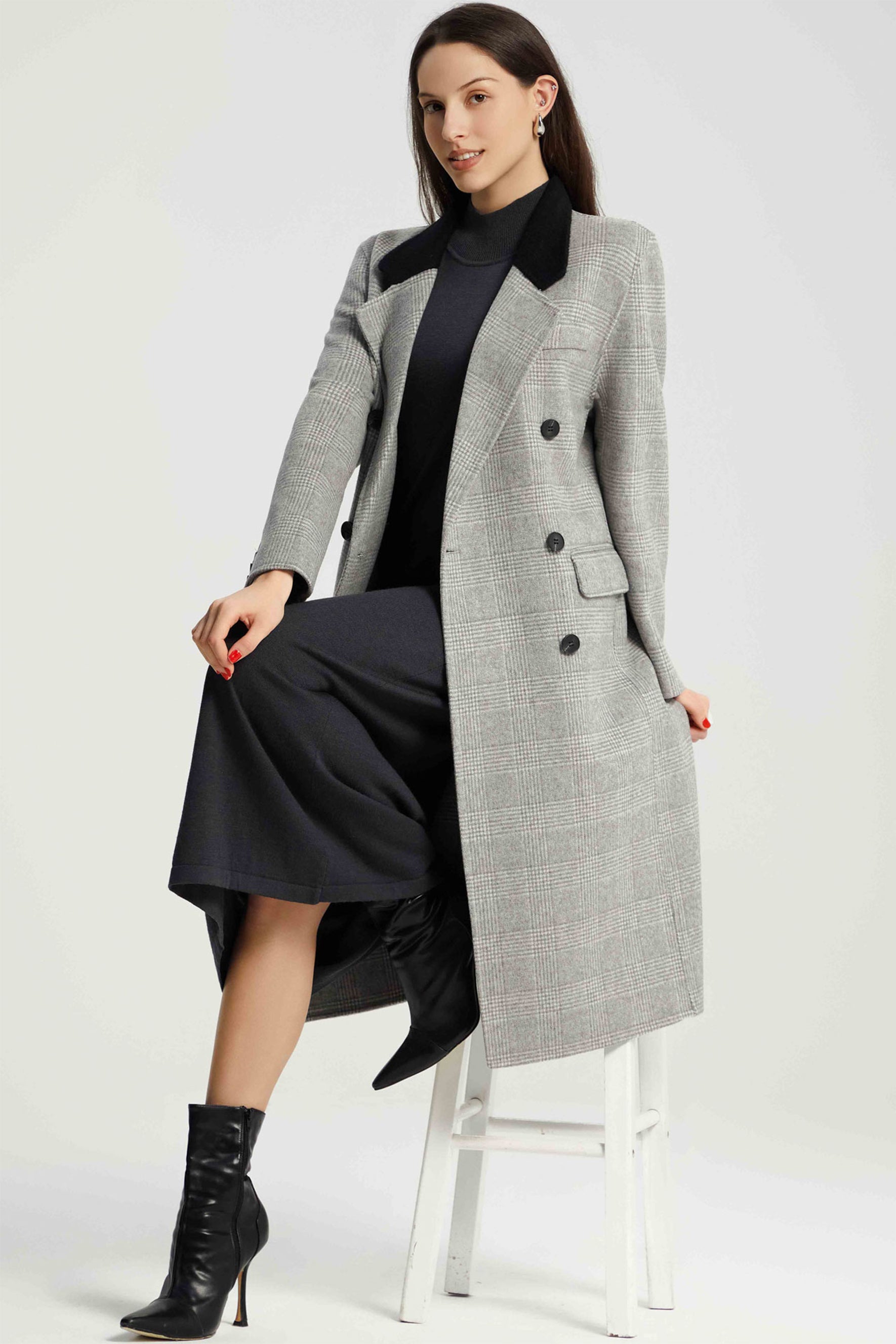 Brina Double Breasted Plaid Wool Coat