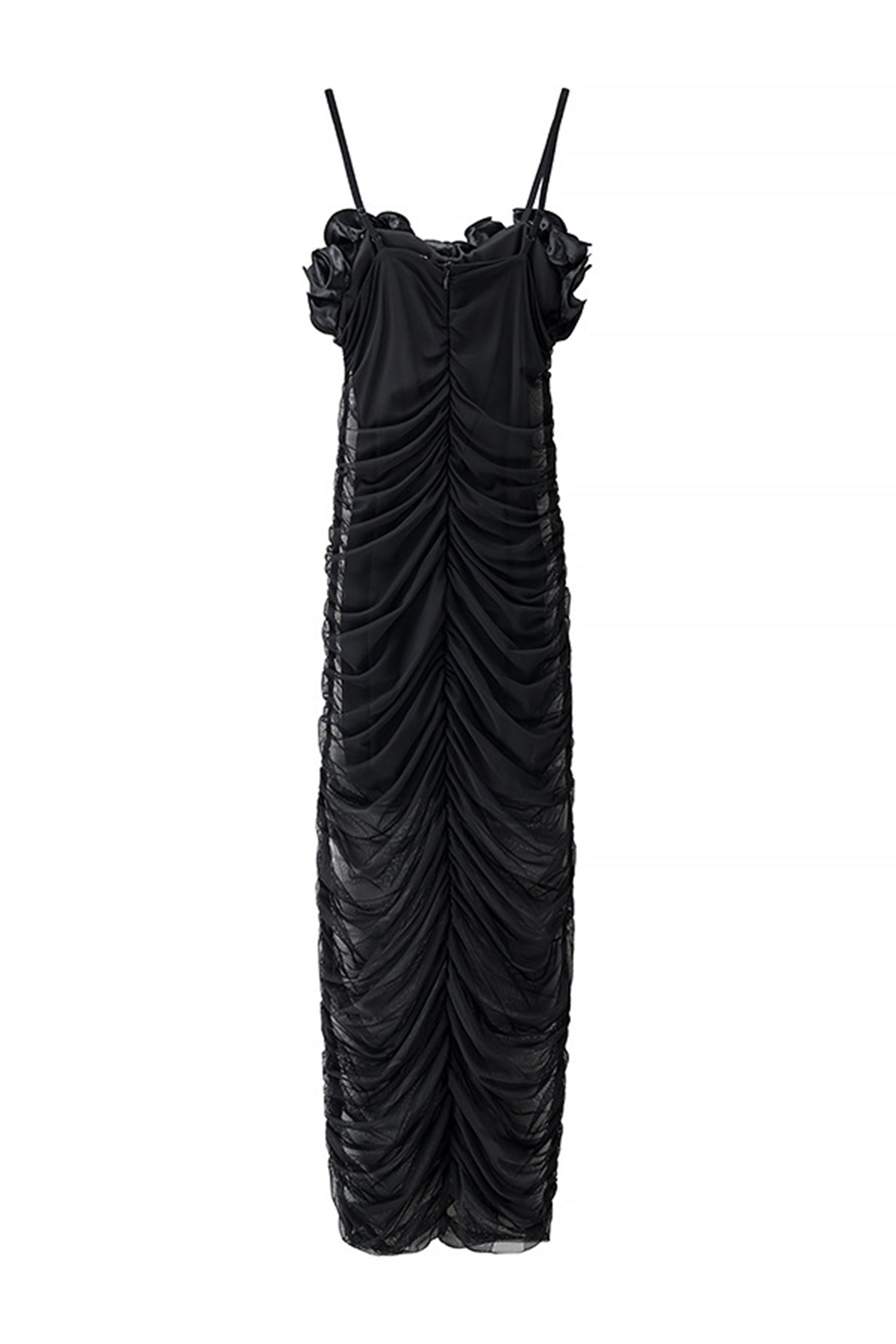 Nora Ruffle Trim Ruched Mesh Midi Dress