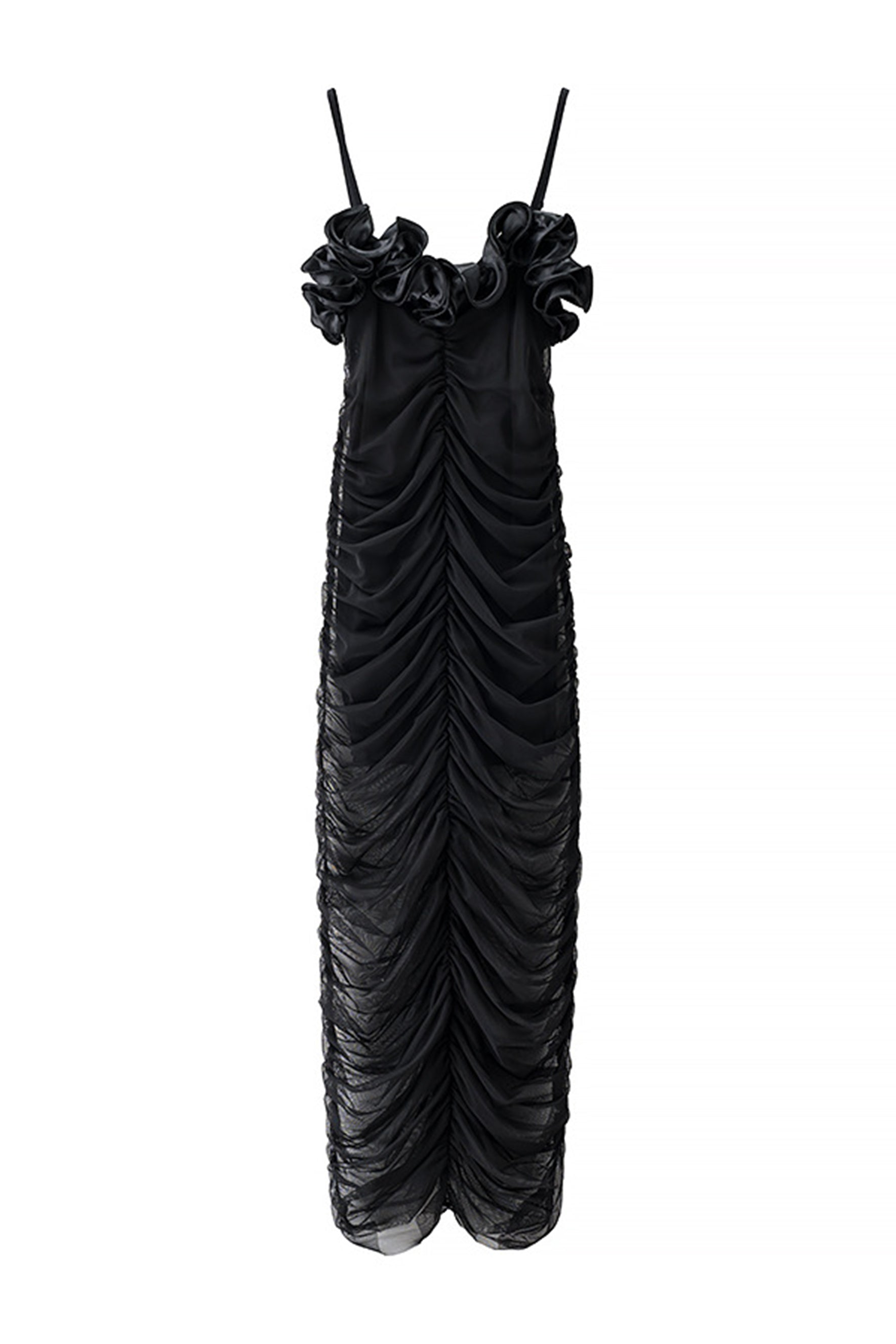 Nora Ruffle Trim Ruched Mesh Midi Dress