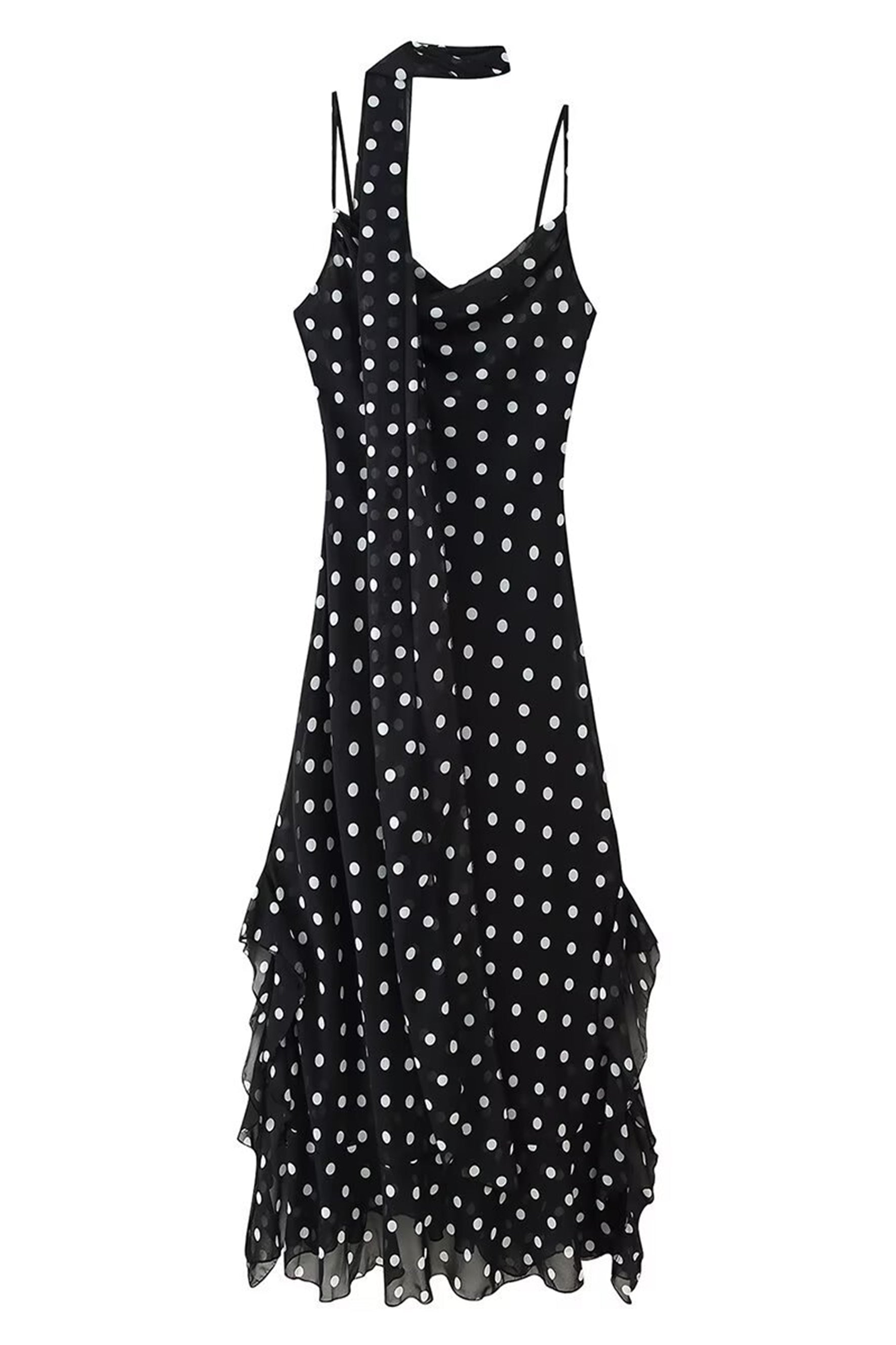 Veronica Polka Dot Ruffle Trim Maxi Dress with Scarf