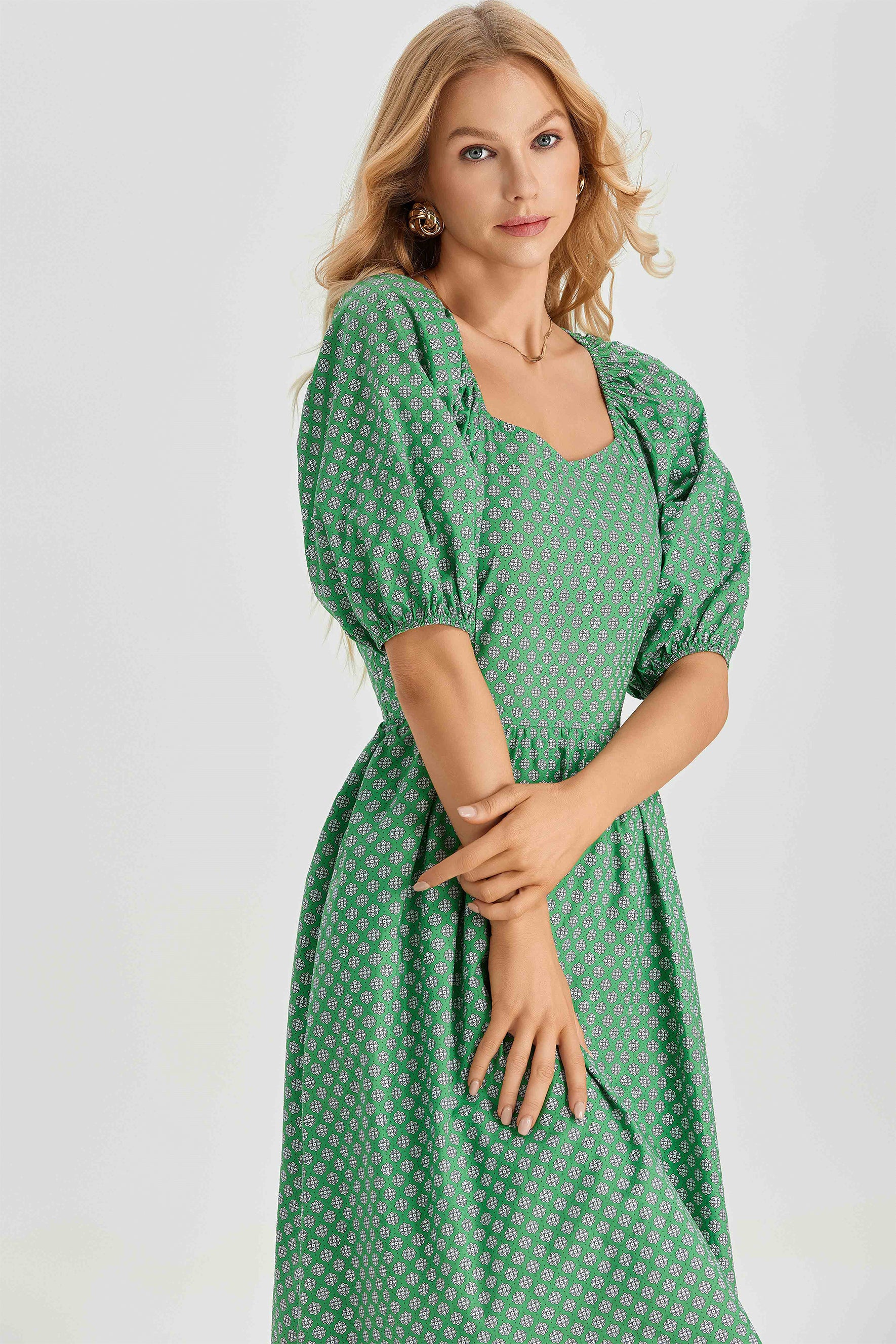Lorena Print Balloon Sleeve Midi Dress