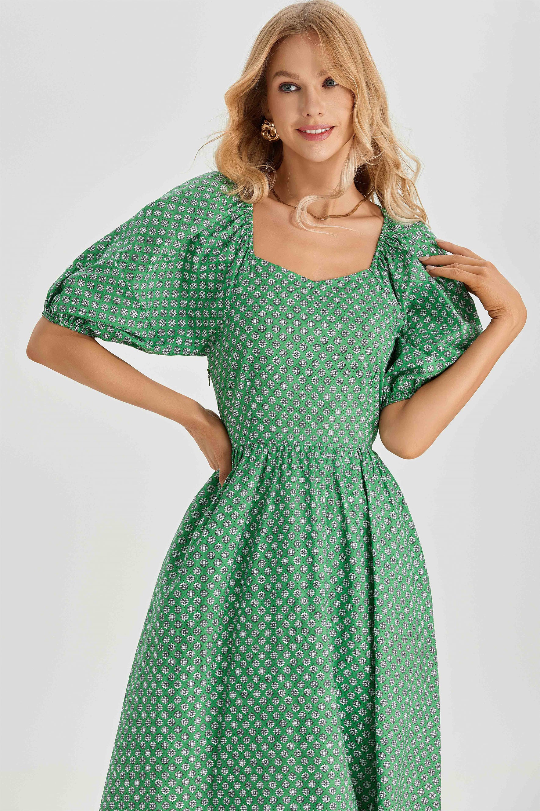 Lorena Print Balloon Sleeve Midi Dress