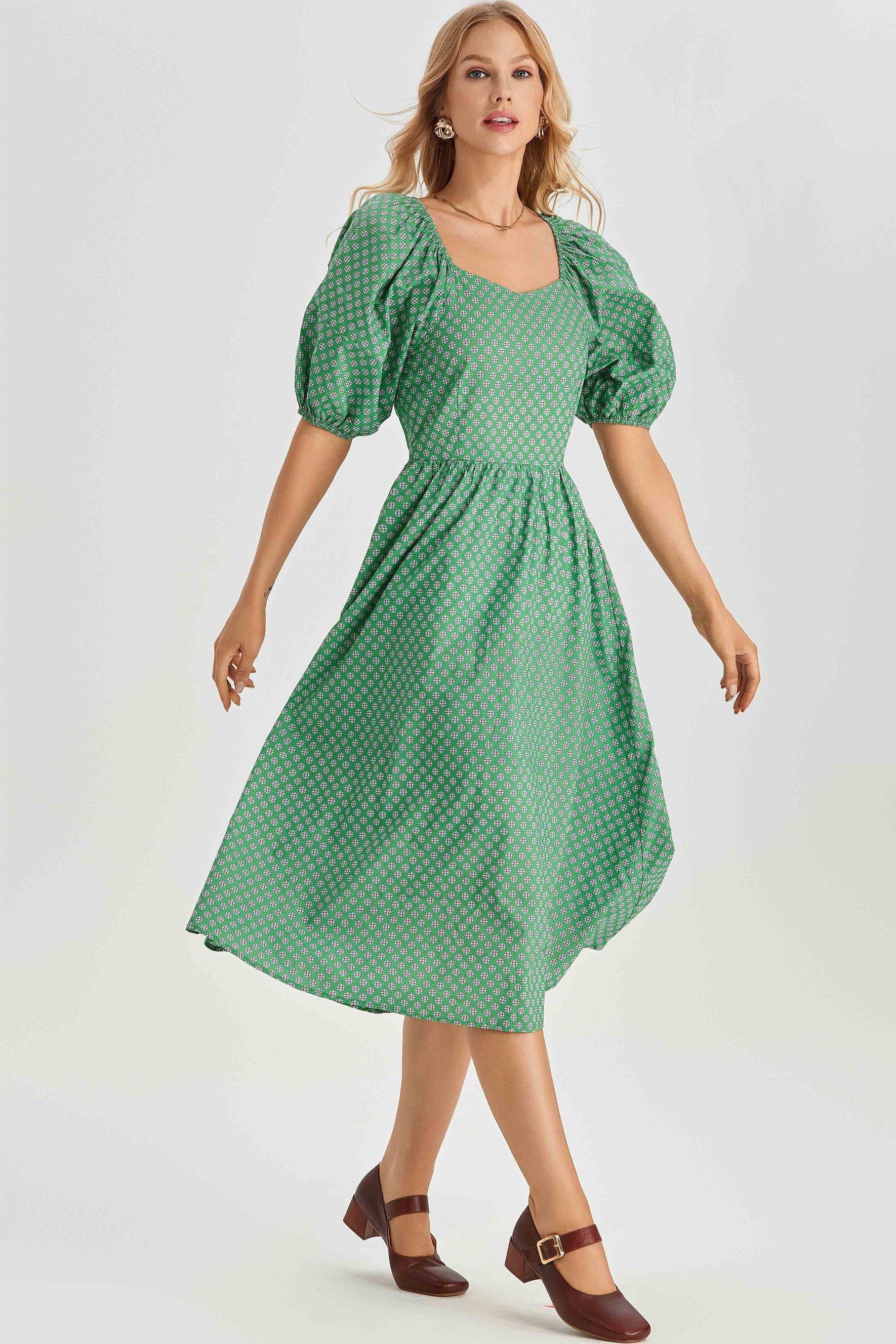 Lorena Print Balloon Sleeve Midi Dress