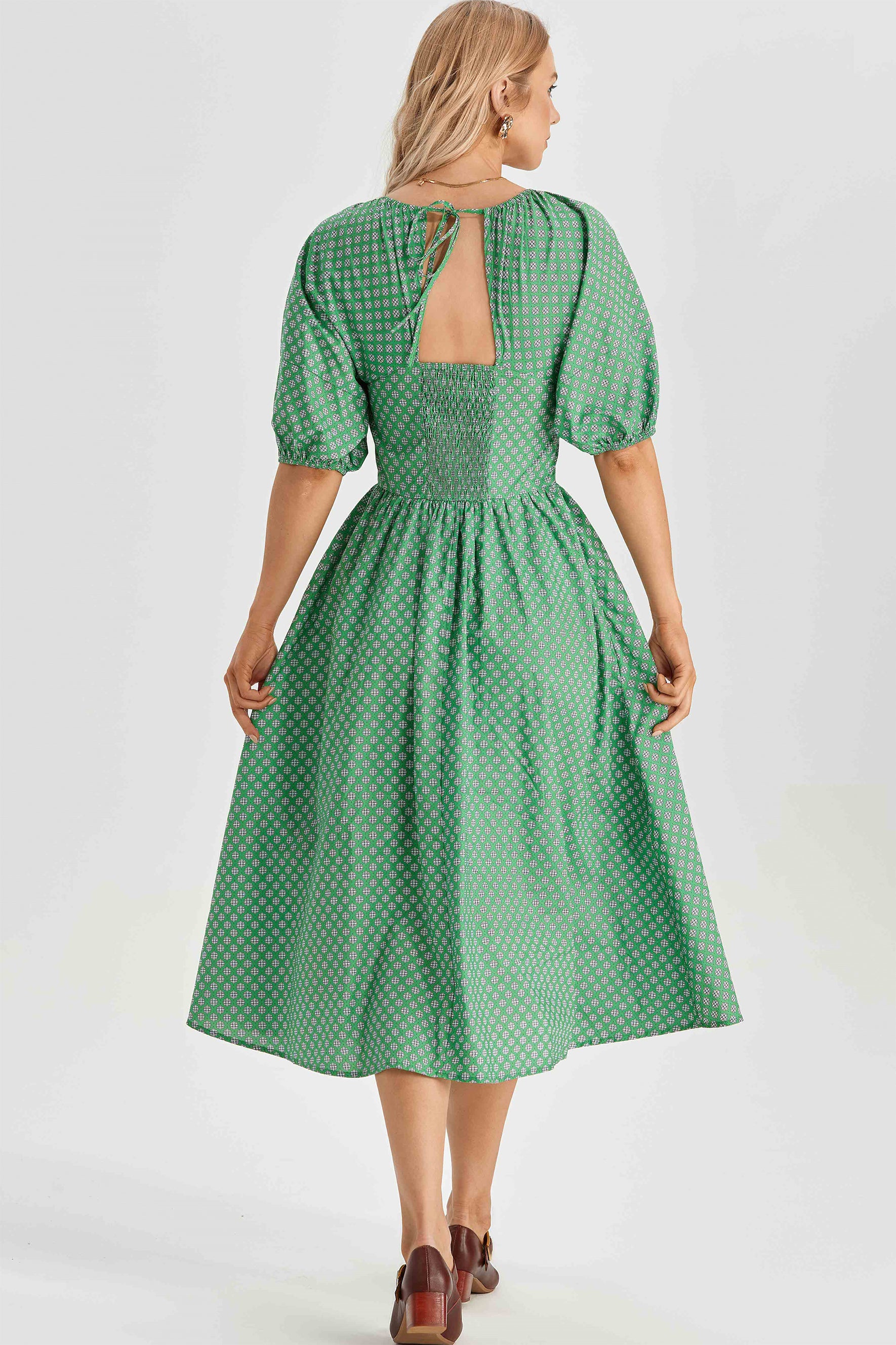 Lorena Print Balloon Sleeve Midi Dress