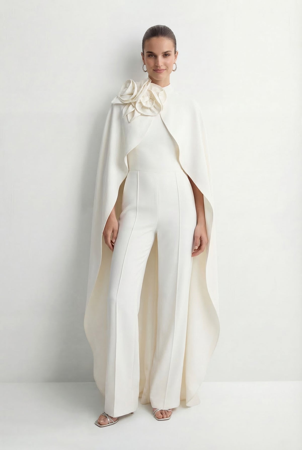 Fabulous Intuition White Floral Applique Cape & Jumpsuit Set