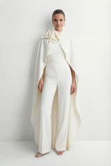 Fabulous Intuition White Floral Applique Cape & Jumpsuit Set