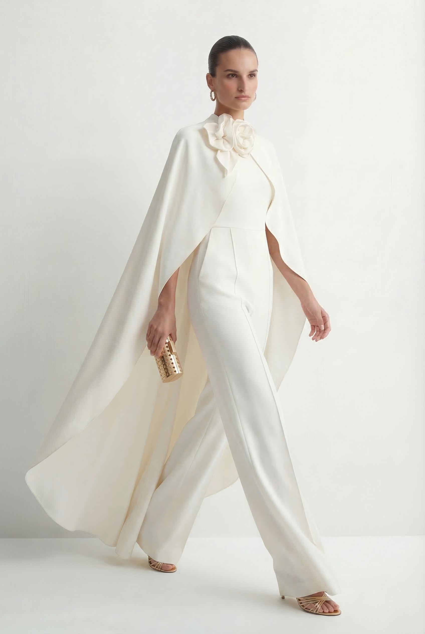 Fabulous Intuition White Floral Applique Cape & Jumpsuit Set