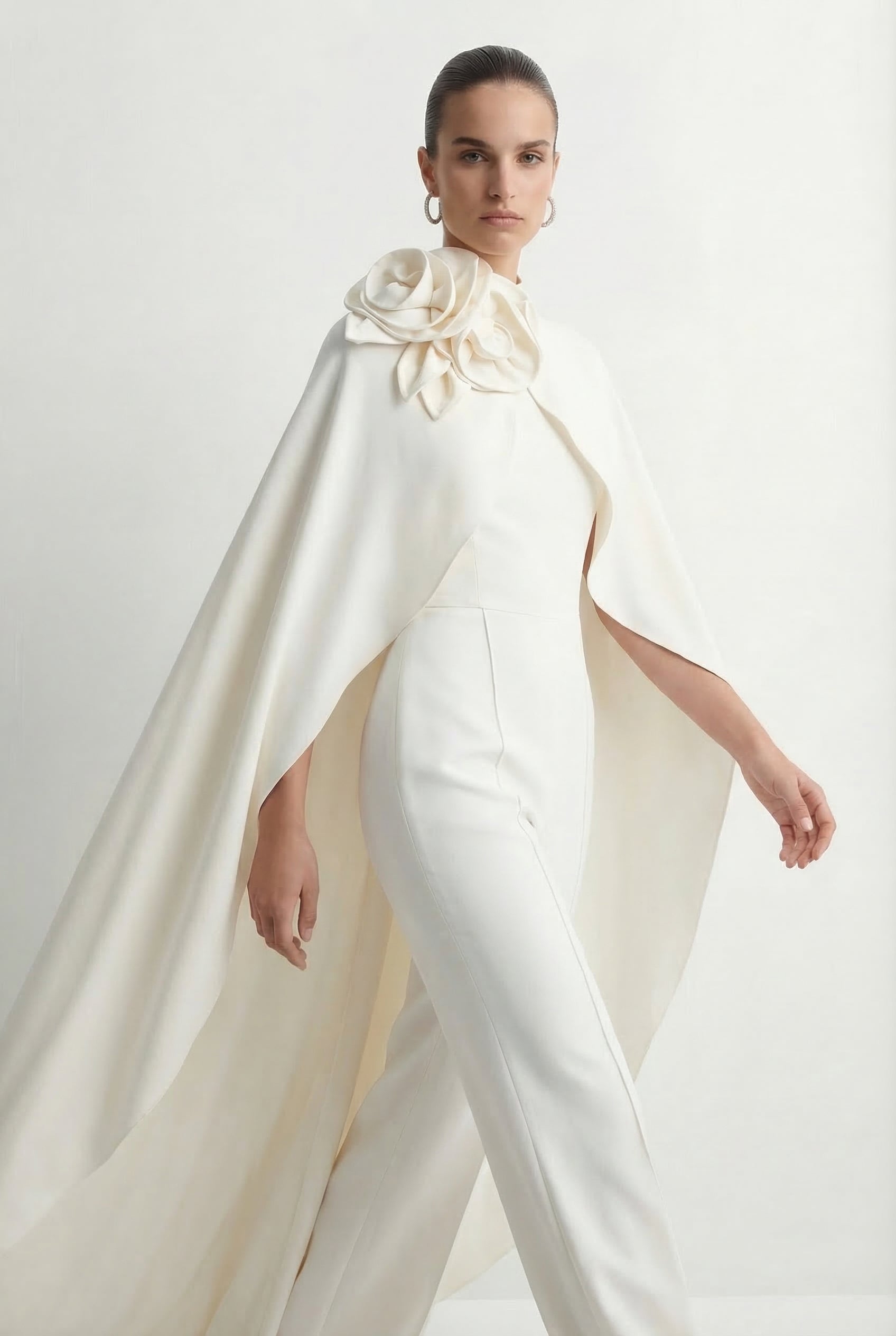Fabulous Intuition White Floral Applique Cape & Jumpsuit Set