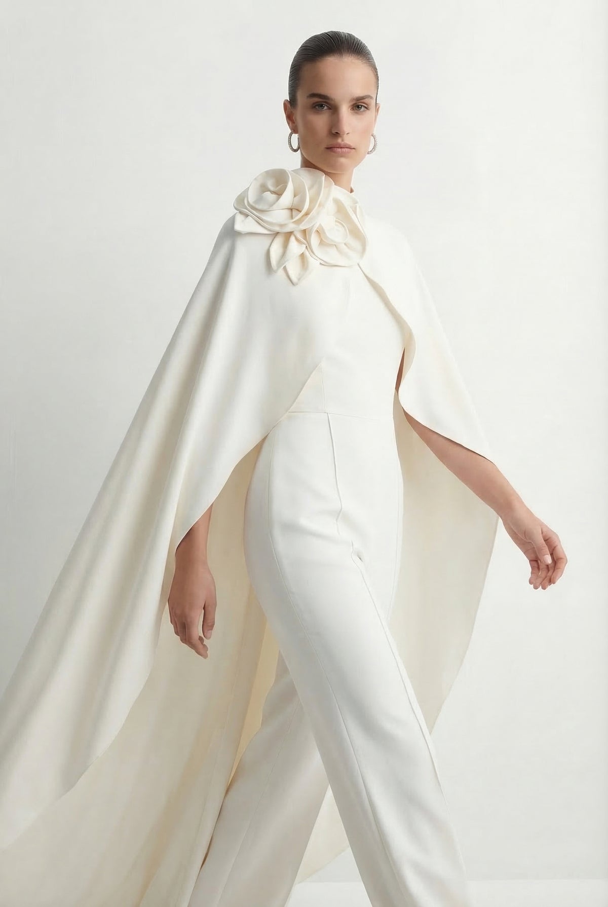Fabulous Intuition White Floral Applique Cape & Jumpsuit Set