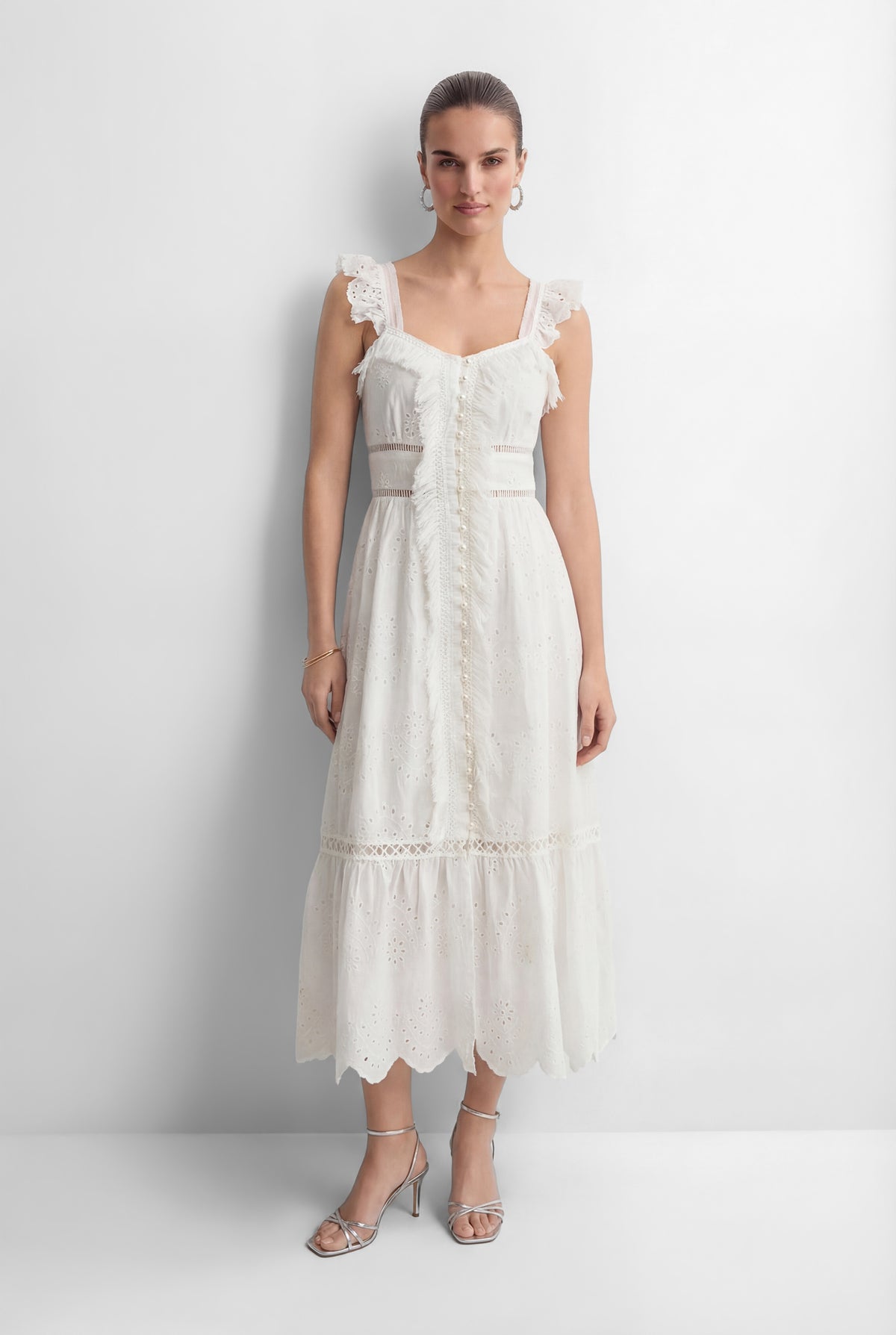 Coveted Confidence White Eyelet Embroidery Ruffled Strap Maxi Dress