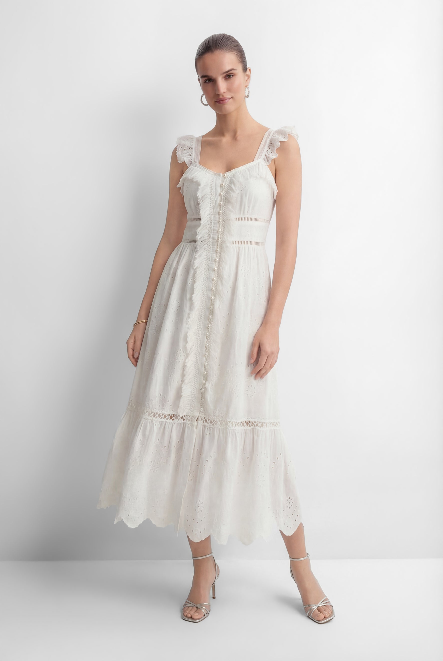 Coveted Confidence White Eyelet Embroidery Ruffled Strap Maxi Dress