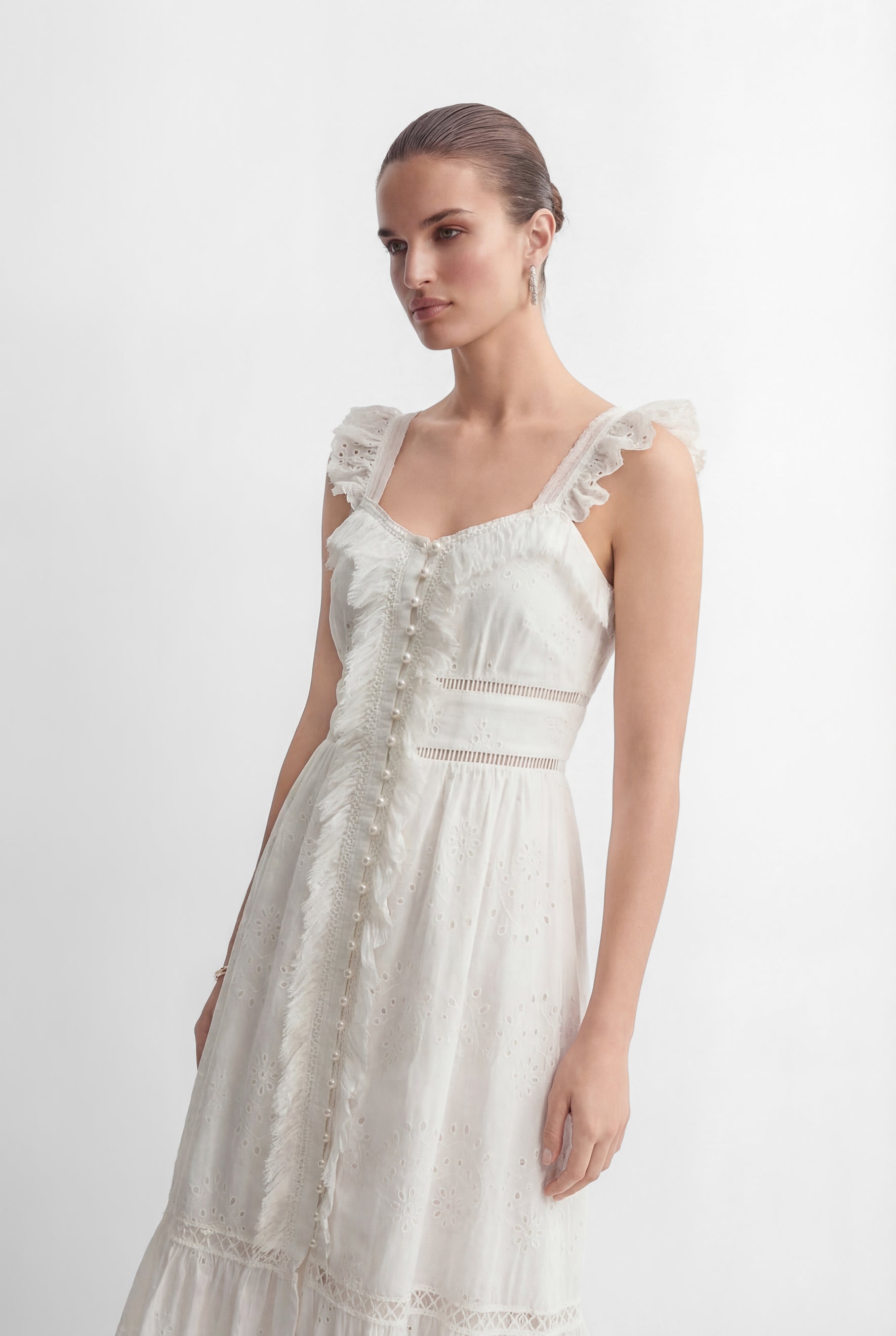 Coveted Confidence White Eyelet Embroidery Ruffled Strap Maxi Dress