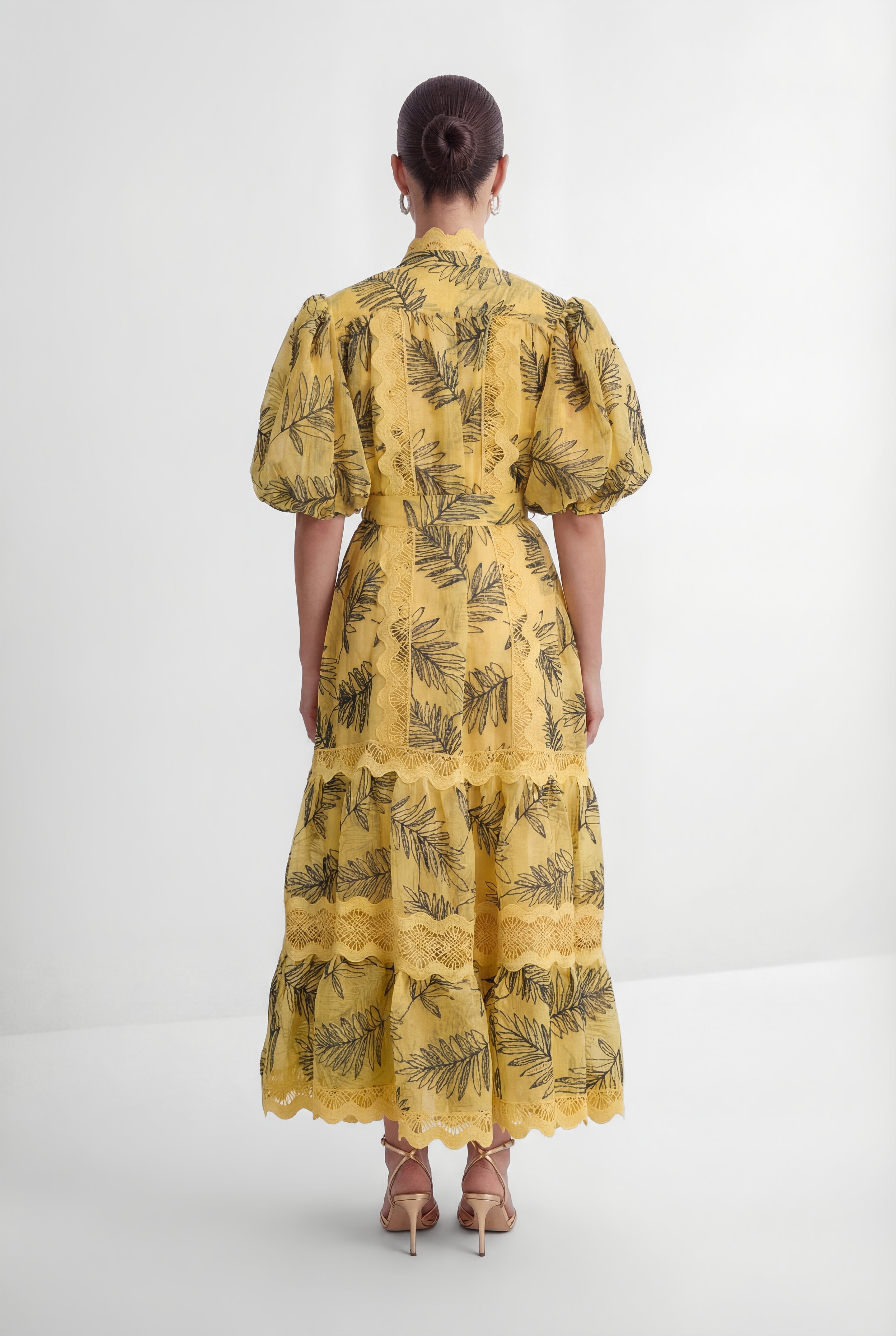In The Palace Yellow Leaf Print Puff Sleeve Maxi Dress