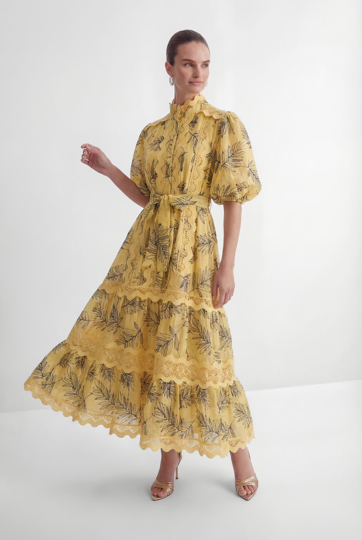 In The Palace Yellow Leaf Print Puff Sleeve Maxi Dress