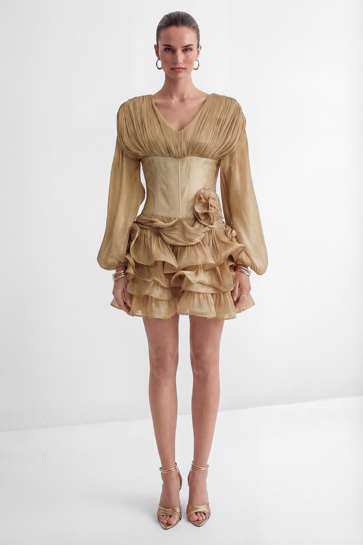Dedicated To Glamour Khaki Corset Bodice Ruffled Mini Dress