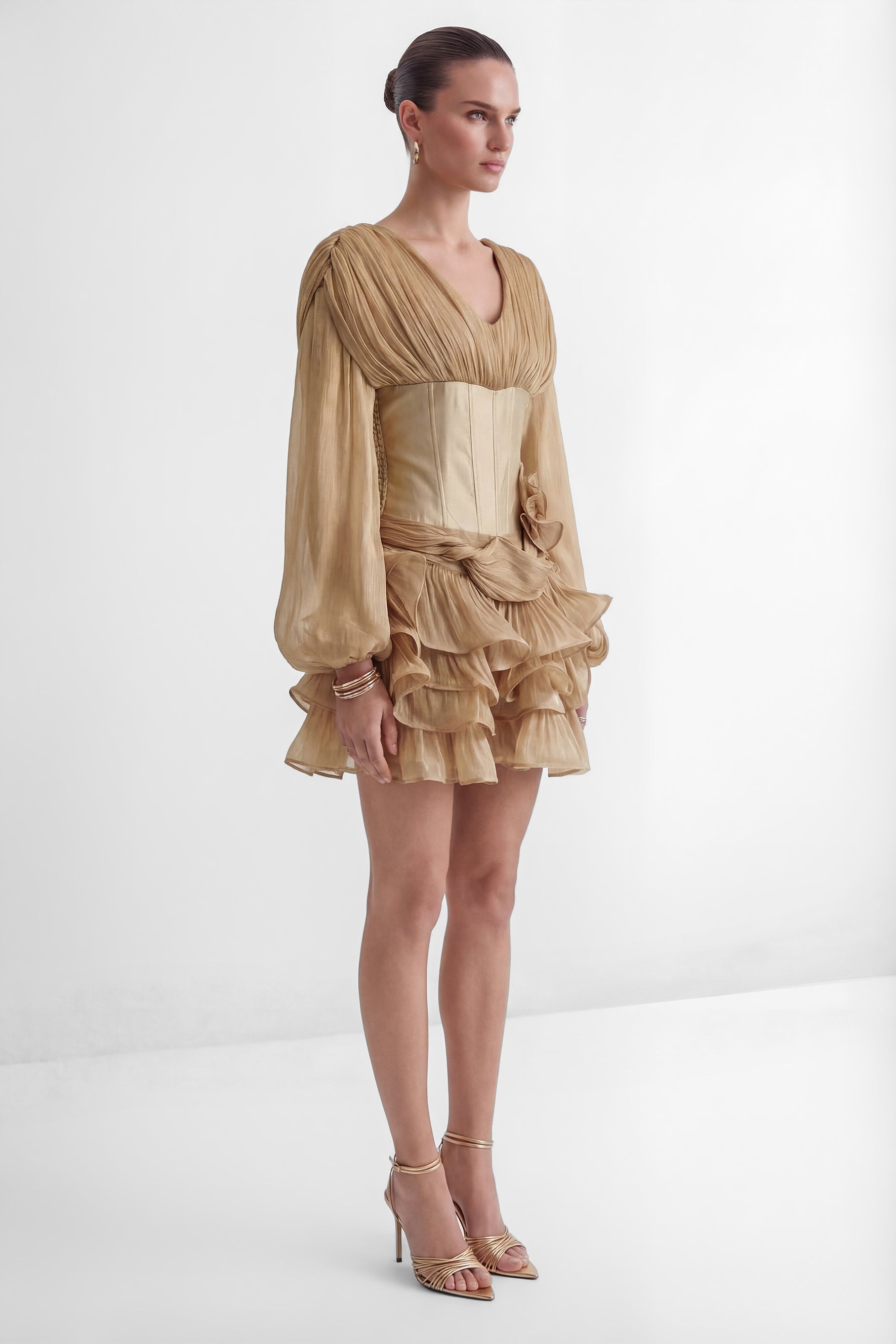 Dedicated To Glamour Khaki Corset Bodice Ruffled Mini Dress
