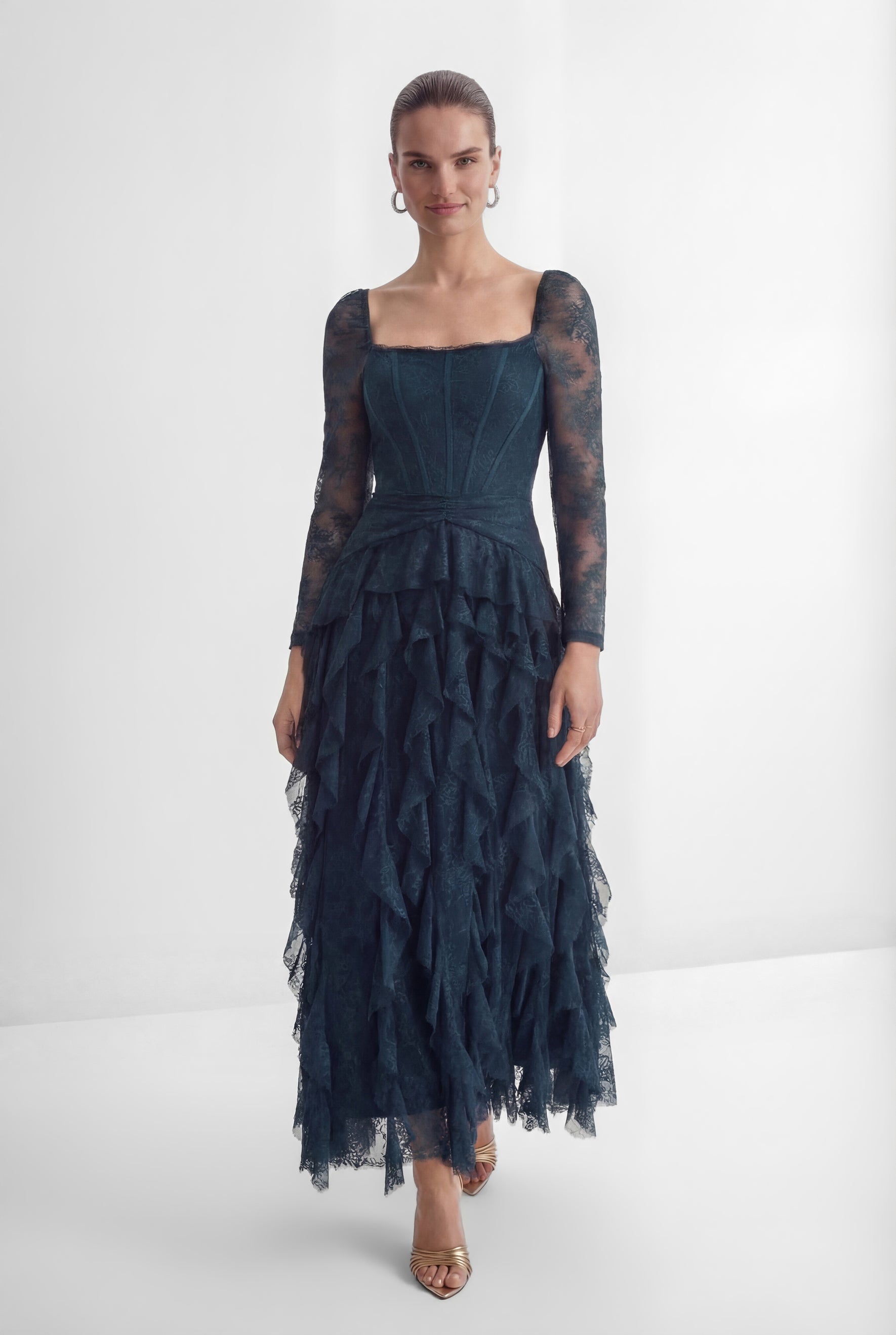 Romantic Tales Blue Lace Corset Bodice Ruffled Maxi Dress