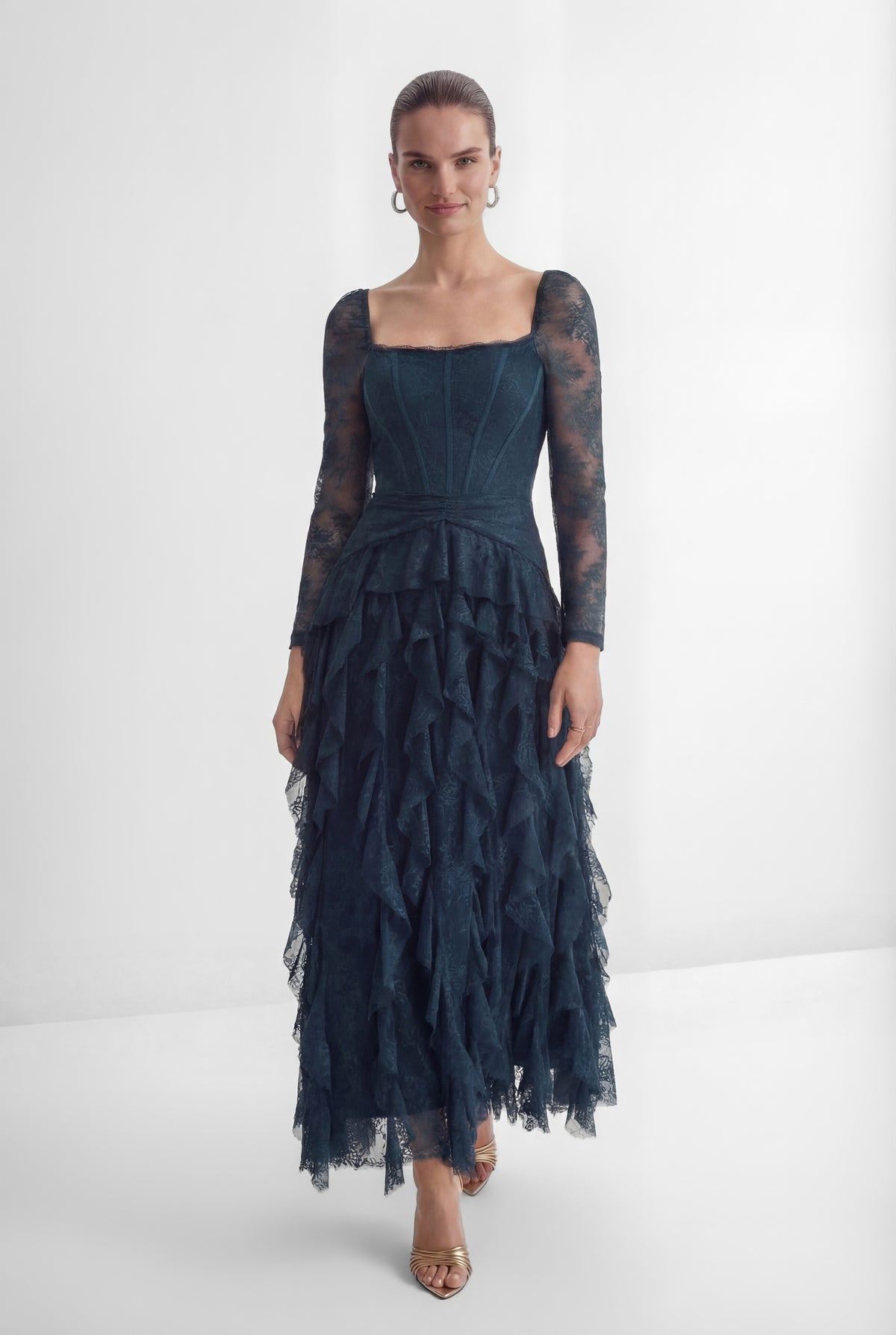 Romantic Tales Blue Lace Corset Bodice Ruffled Maxi Dress