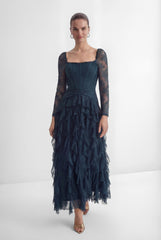 Romantic Tales Blue Lace Corset Bodice Ruffled Maxi Dress