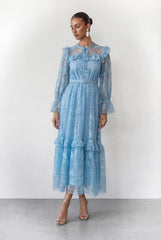 Dreamlight Glow Blue Floral Lace Tiered Ruffle Maxi Dress