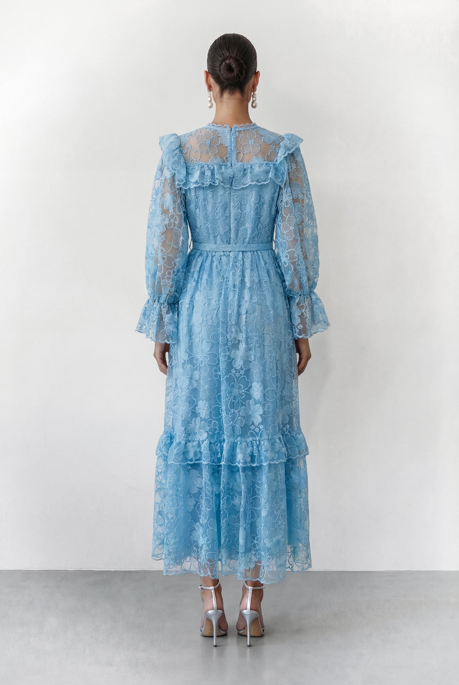 Dreamlight Glow Blue Floral Lace Tiered Ruffle Maxi Dress