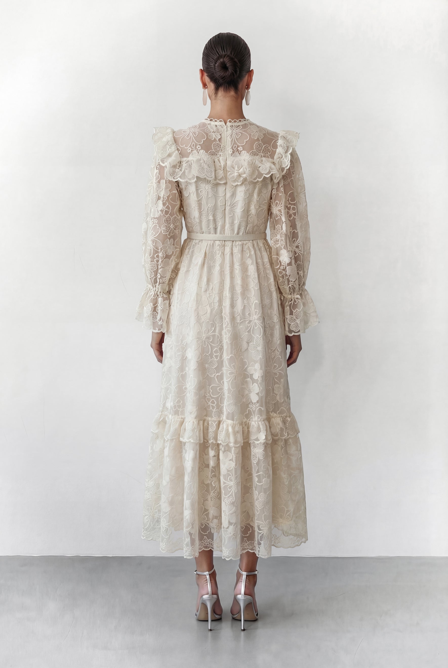 Floral Dream Beige Lace Embroidered Tiered Ruffle Maxi Dress
