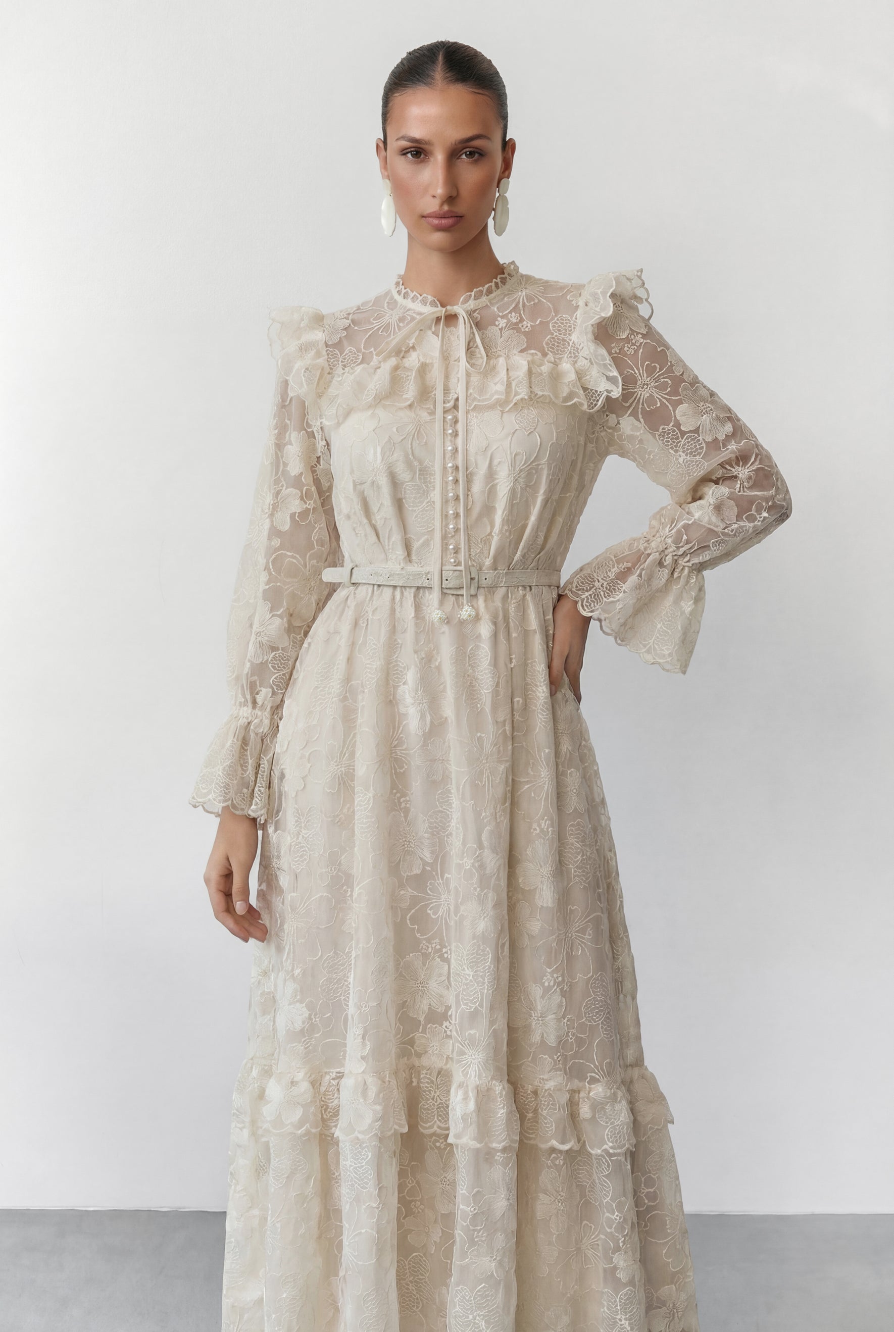 Floral Dream Beige Lace Embroidered Tiered Ruffle Maxi Dress