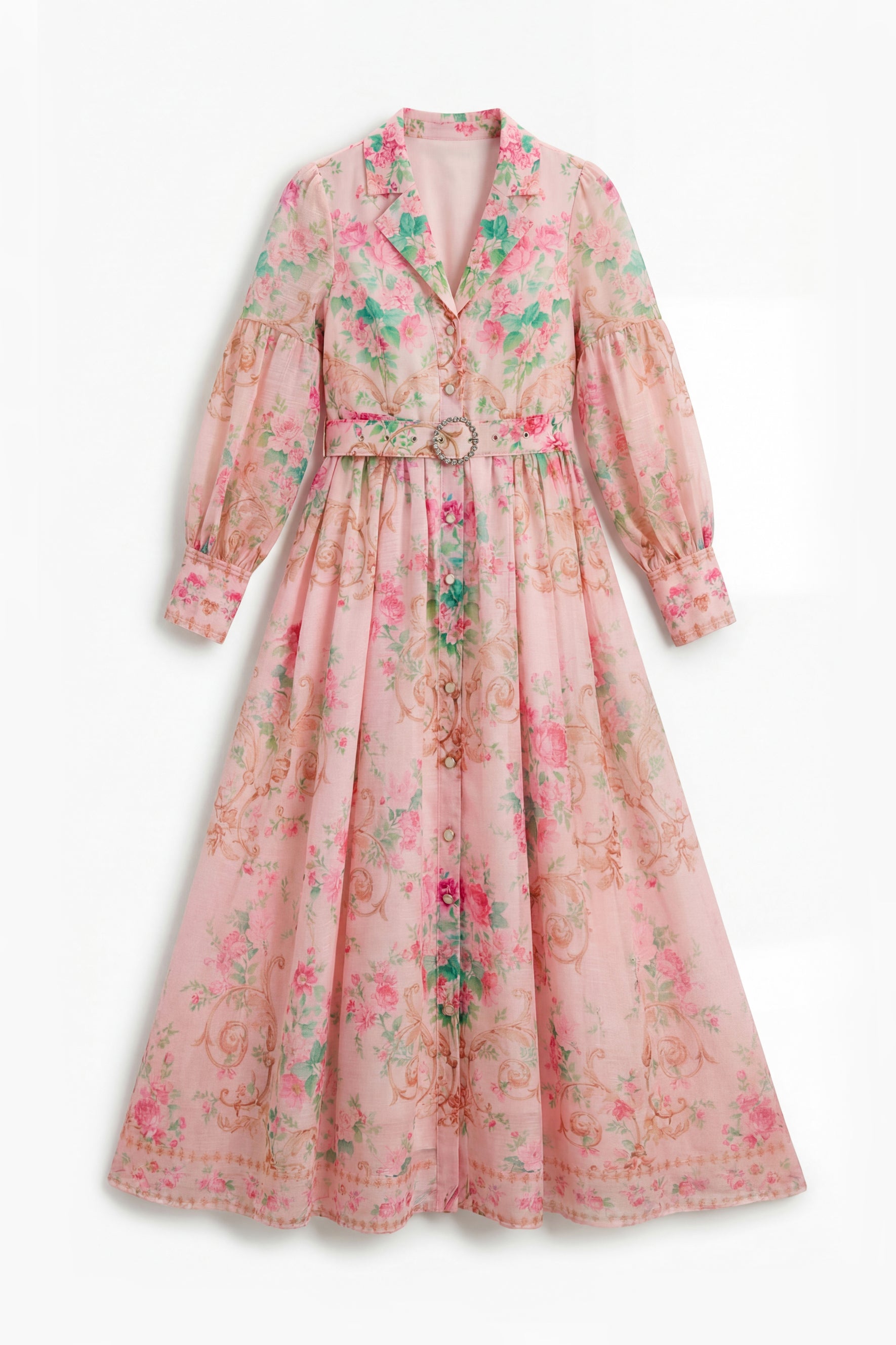 Vivid Daydream Pink Floral Print Rhinestone Belt Maxi Dress