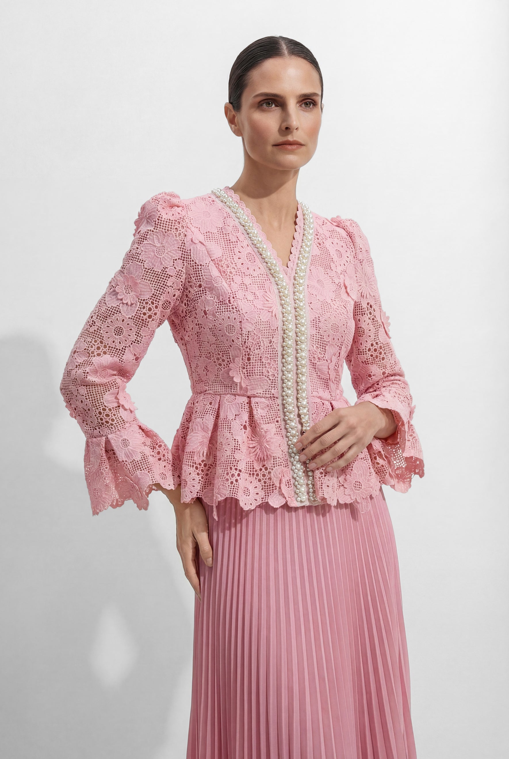 Dreamy Date Pink Floral Lace Pearl Trim Top & Pleated Skirt Set