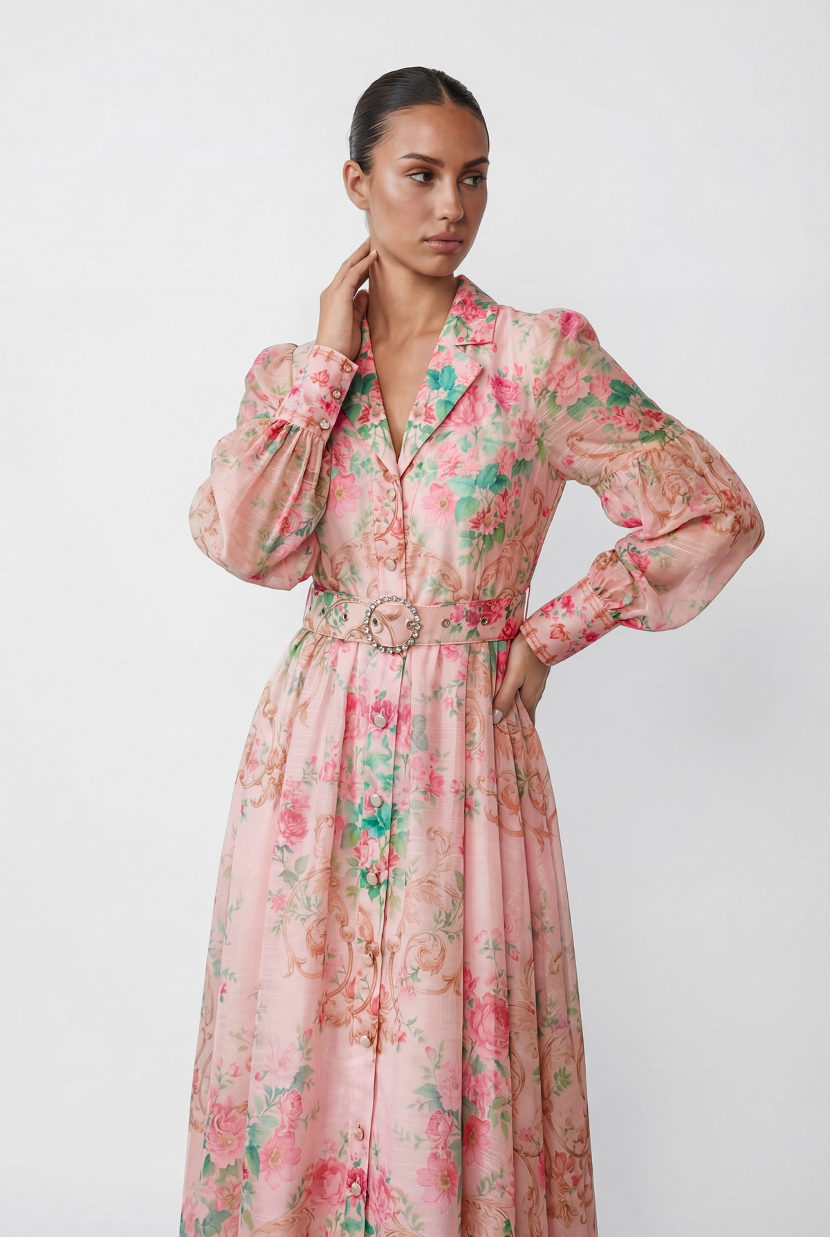 Vivid Daydream Pink Floral Print Rhinestone Belt Maxi Dress