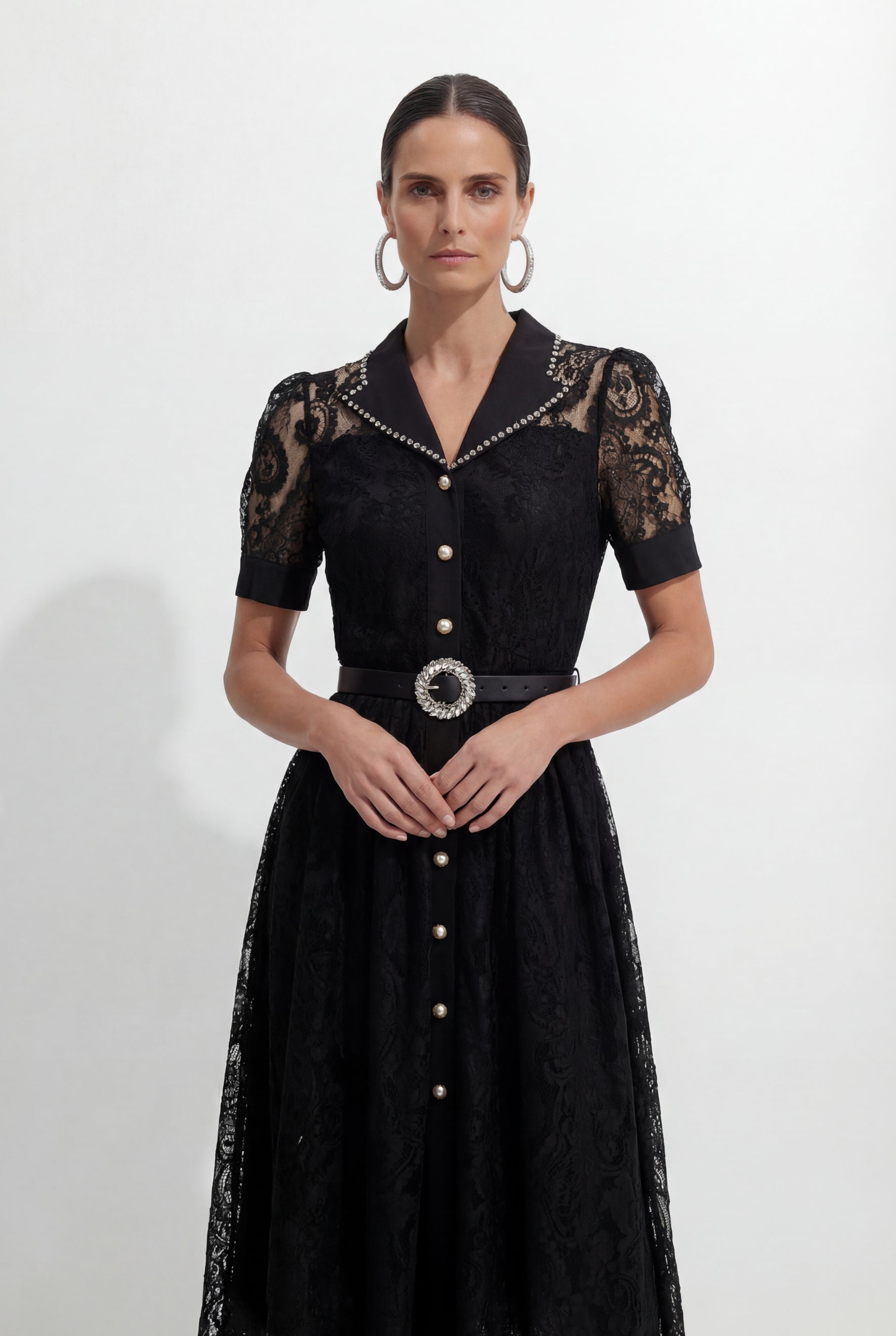 Be The One Black Lapel Collar Lace Midi Dress