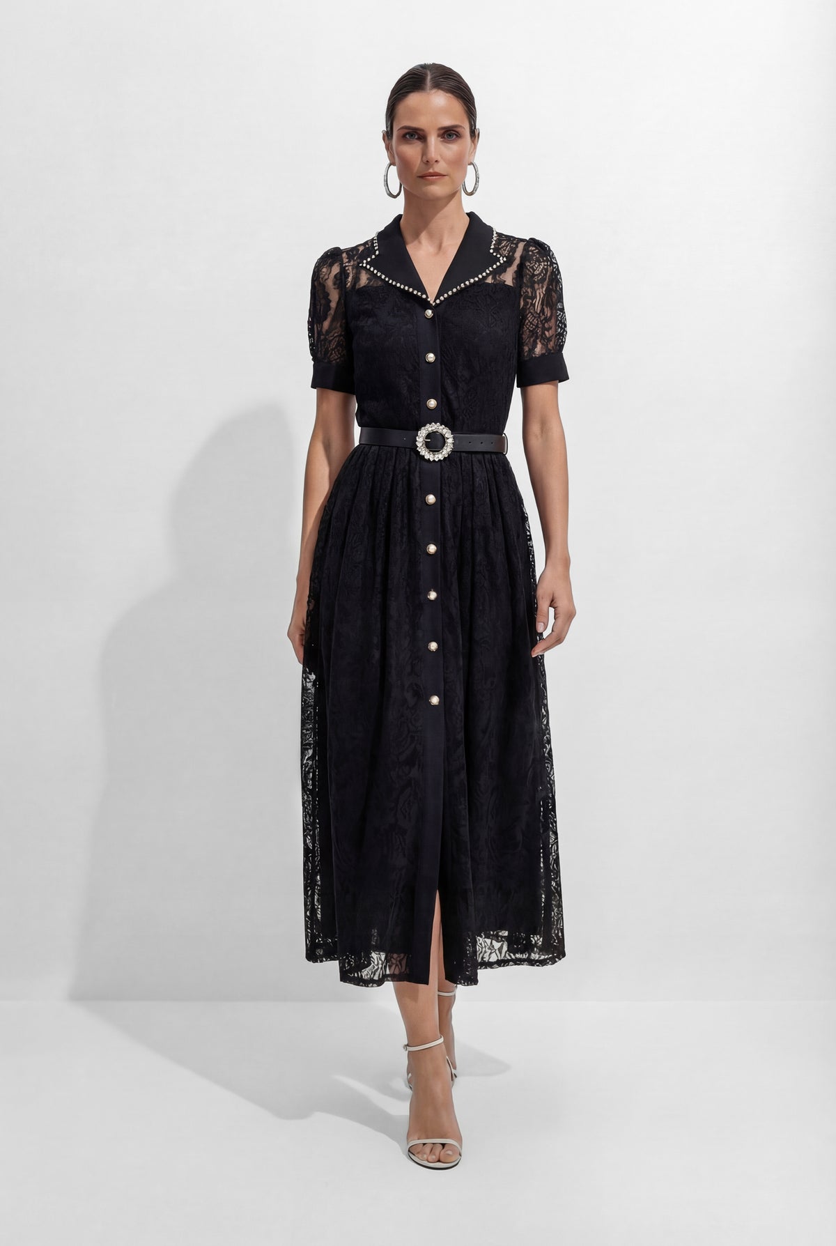 Be The One Black Lapel Collar Lace Midi Dress