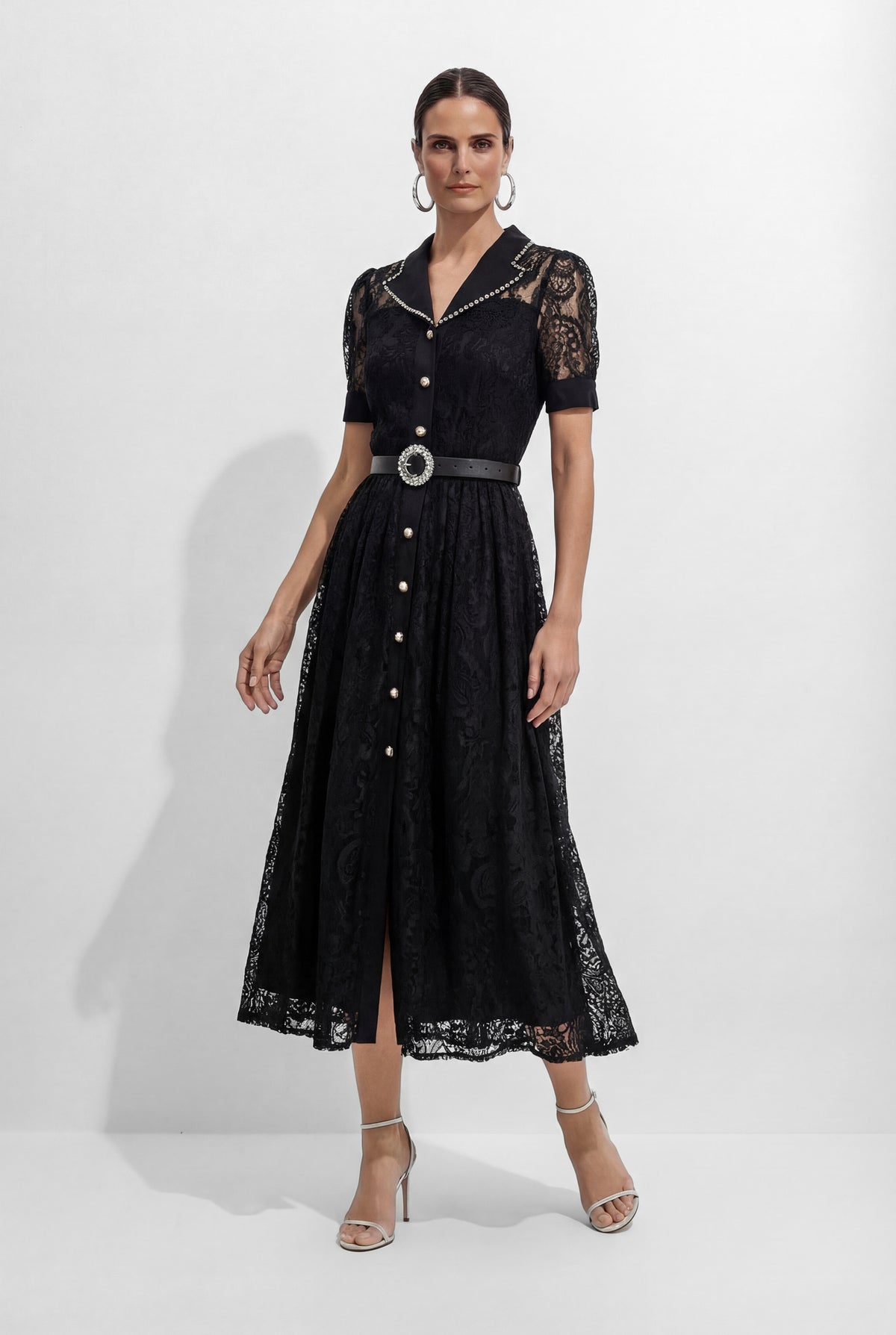 Be The One Black Lapel Collar Lace Midi Dress
