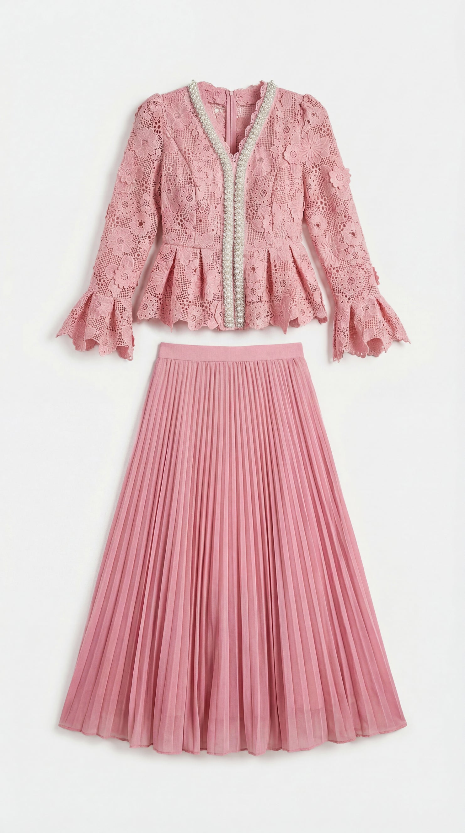 Dreamy Date Pink Floral Lace Pearl Trim Top & Pleated Skirt Set