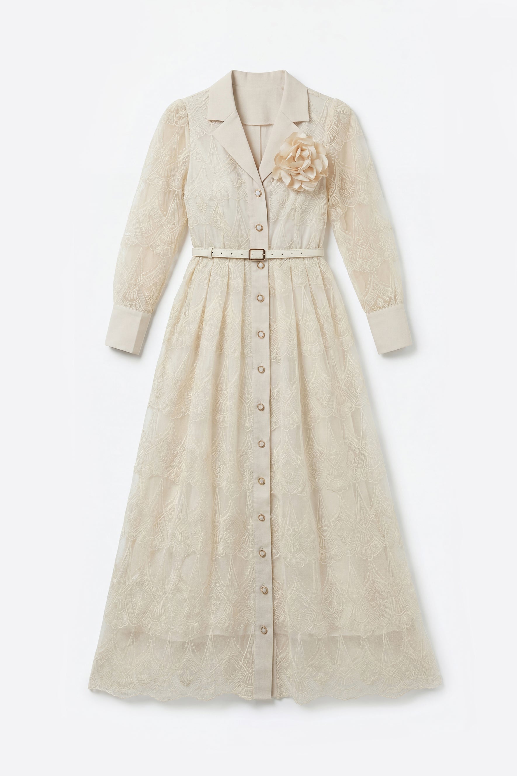 Living With Grace Beige Lapel Collar Lace Maxi Dress