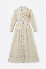 Living With Grace Beige Lapel Collar Lace Maxi Dress