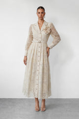 Living With Grace Beige Lapel Collar Lace Maxi Dress