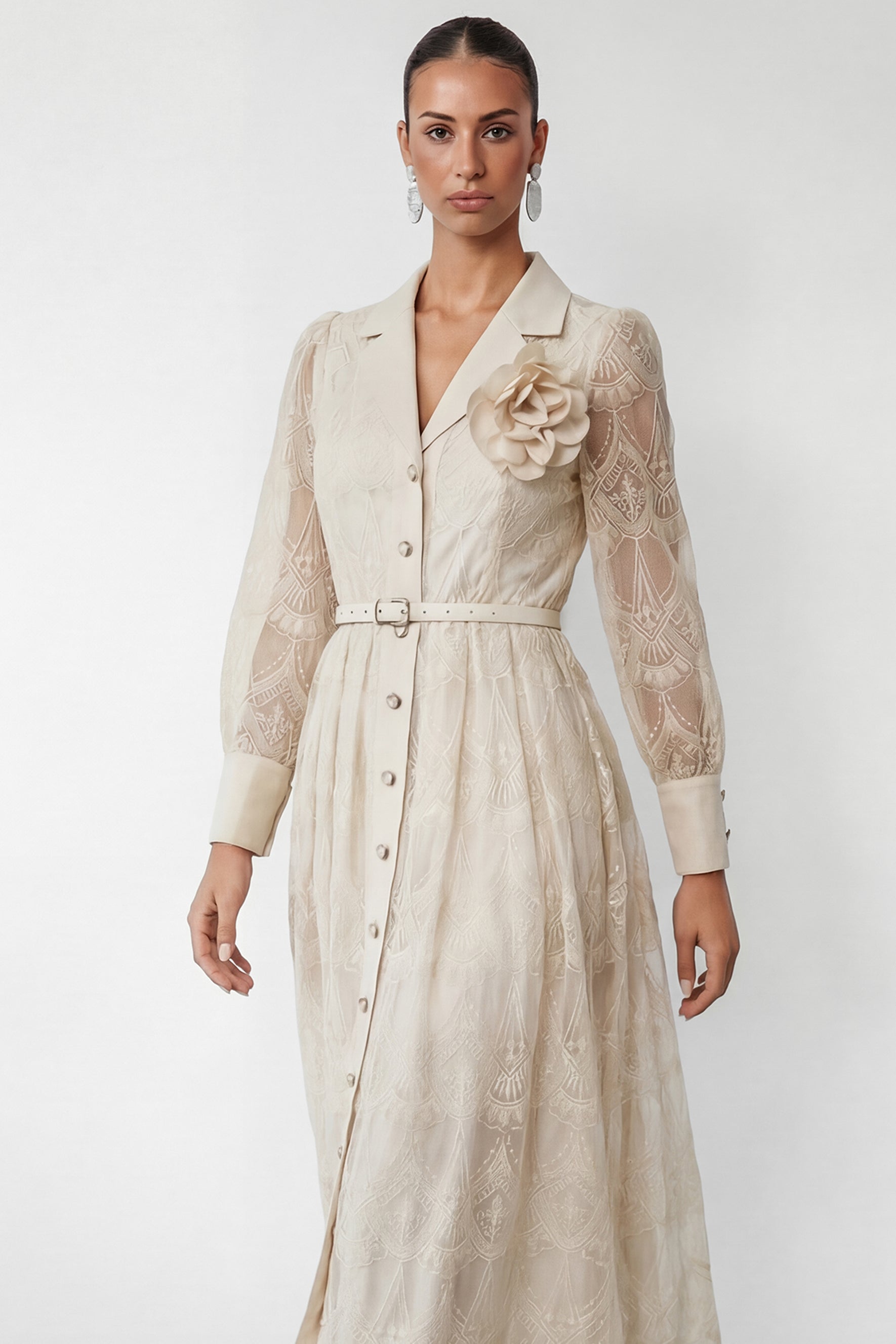 Living With Grace Beige Lapel Collar Lace Maxi Dress