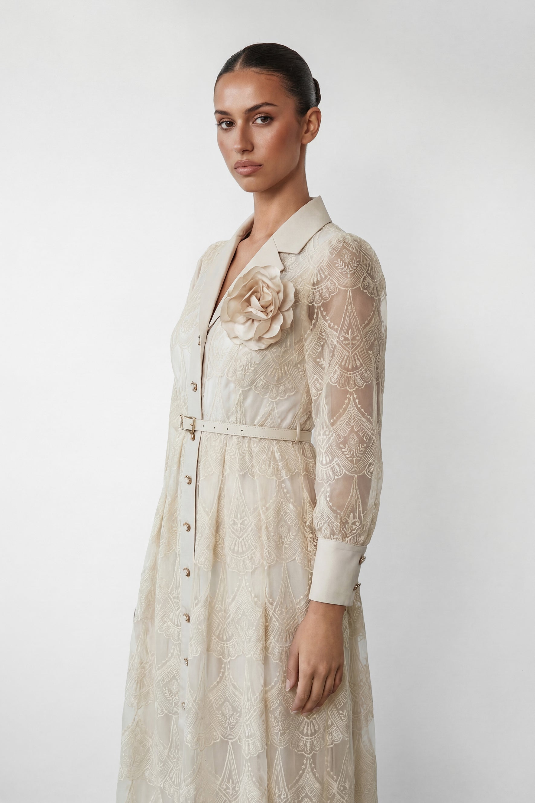 Living With Grace Beige Lapel Collar Lace Maxi Dress