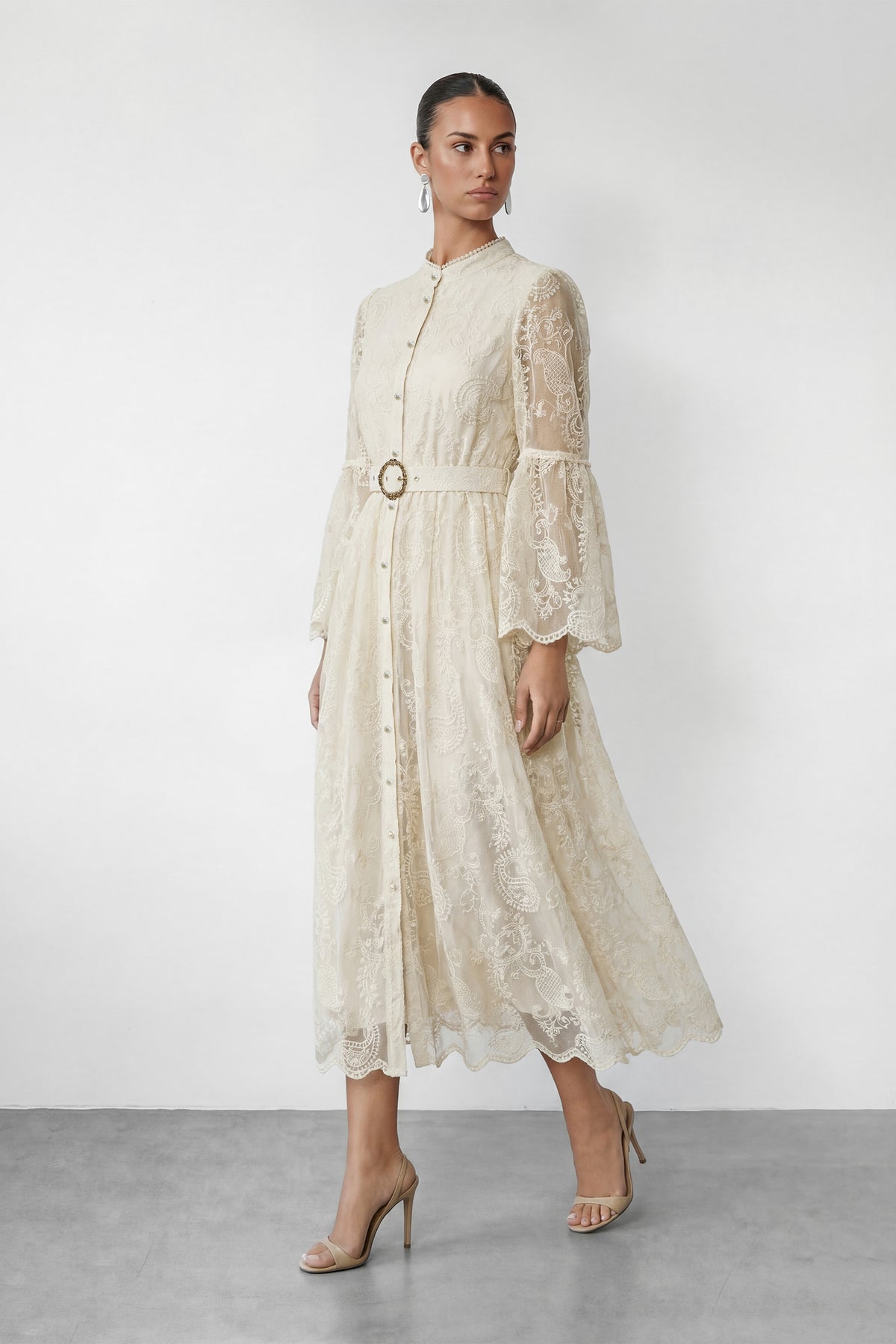 Admirable Elegance Beige Lace Embroidered Sheer Sleeve Maxi Dress