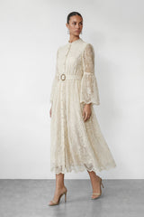 Admirable Elegance Beige Lace Embroidered Sheer Sleeve Maxi Dress