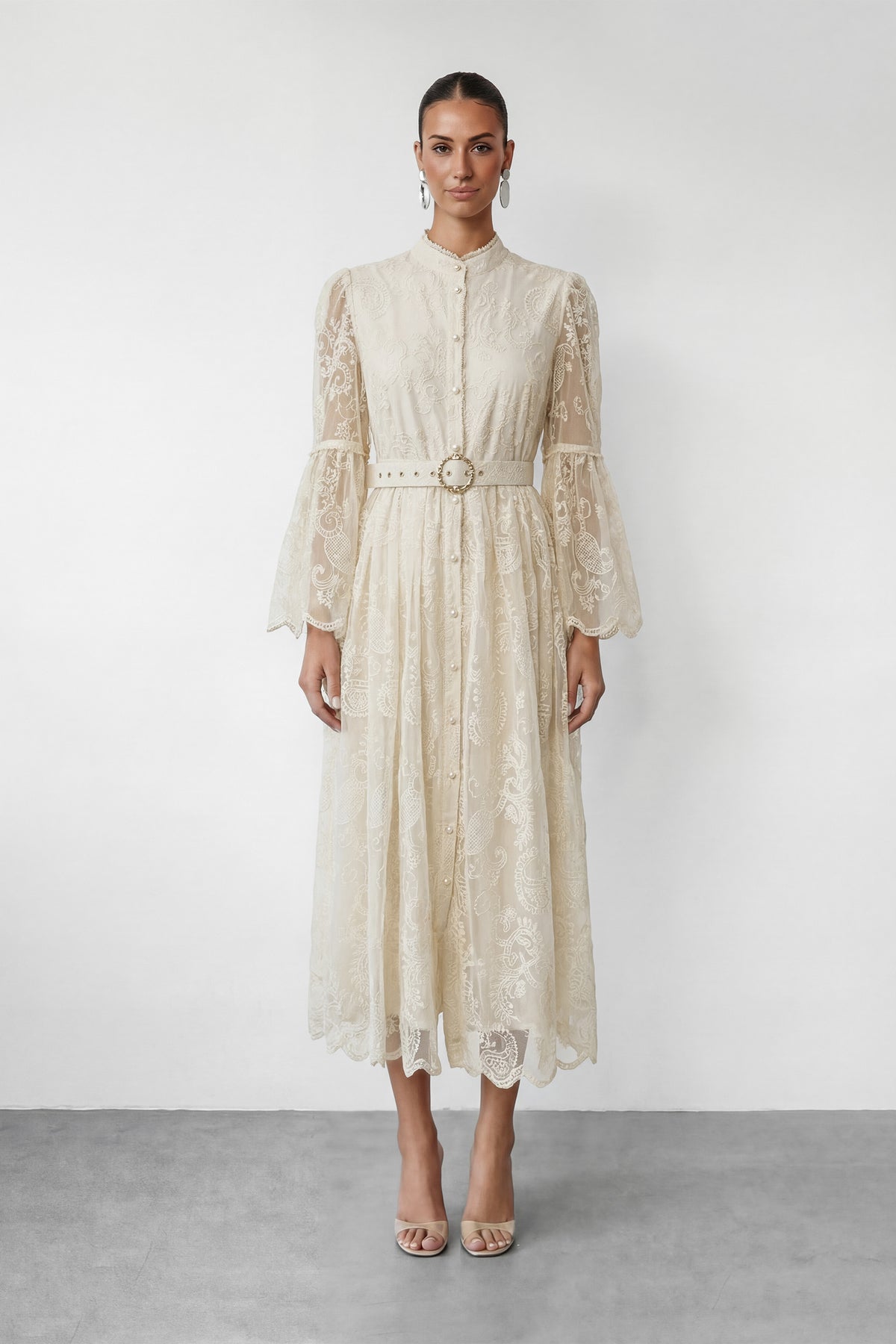 Admirable Elegance Beige Lace Embroidered Sheer Sleeve Maxi Dress
