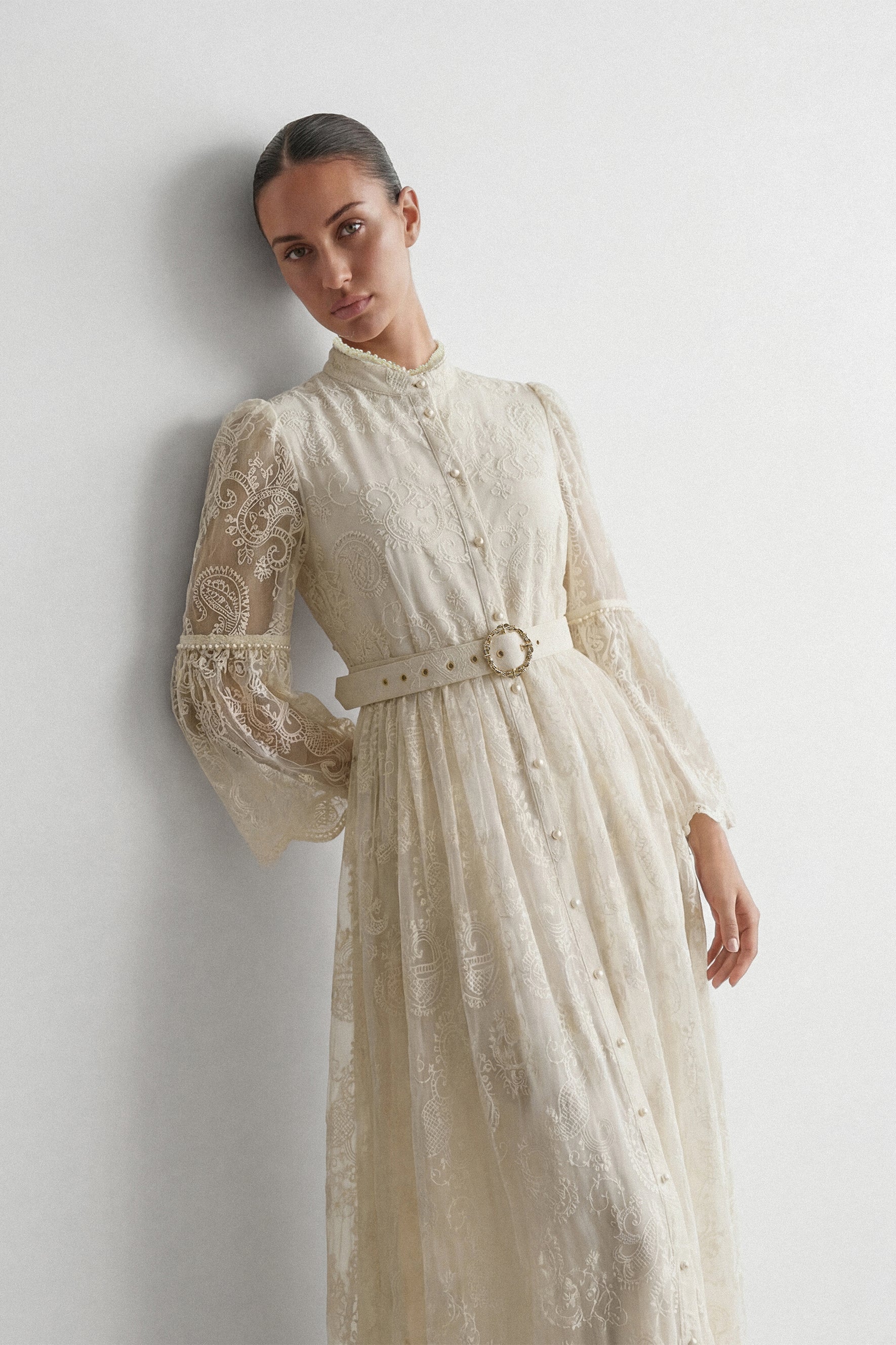 Admirable Elegance Beige Lace Embroidered Sheer Sleeve Maxi Dress