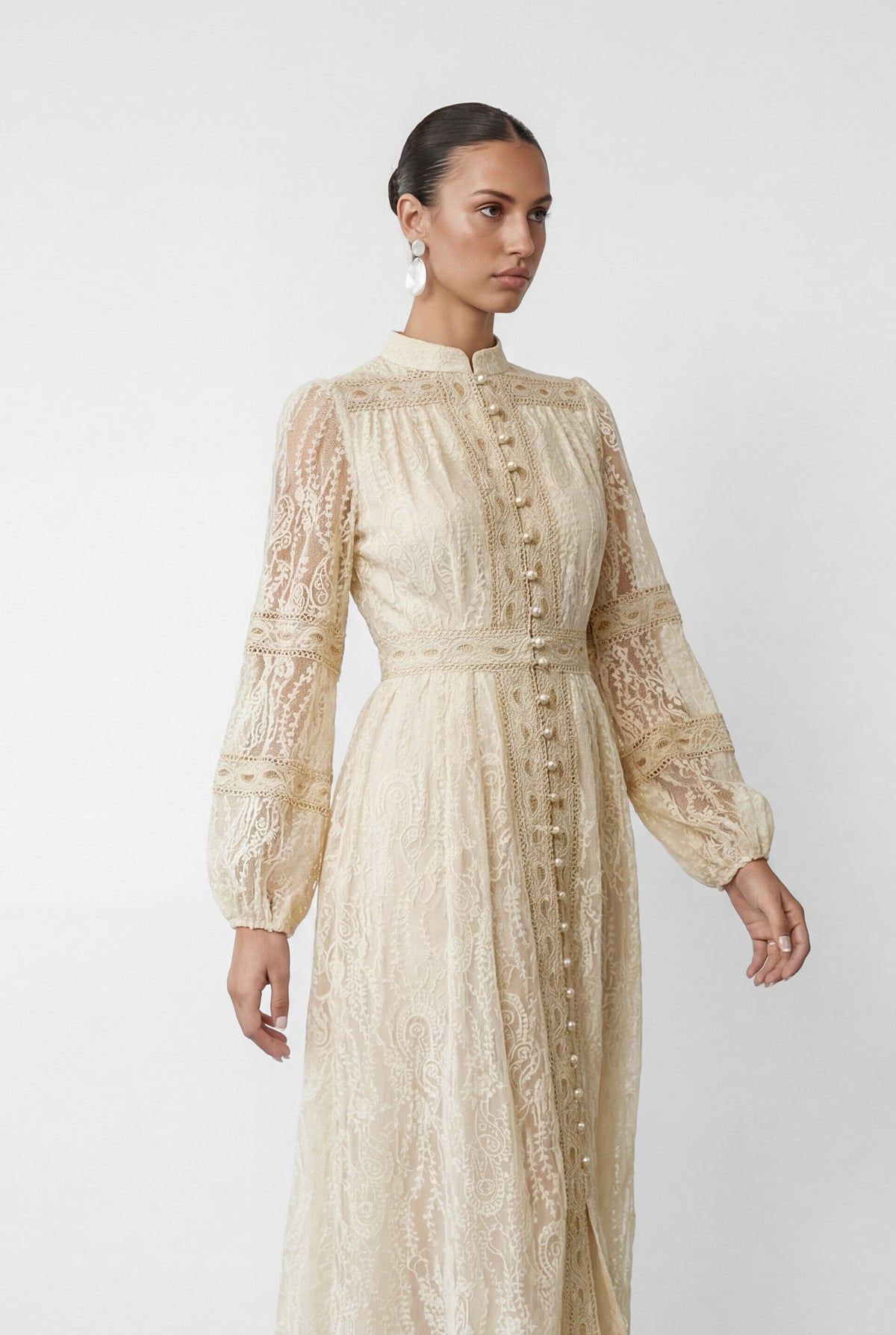 Attracted To You Beige Lace Stand Collar Lace Maxi Dress