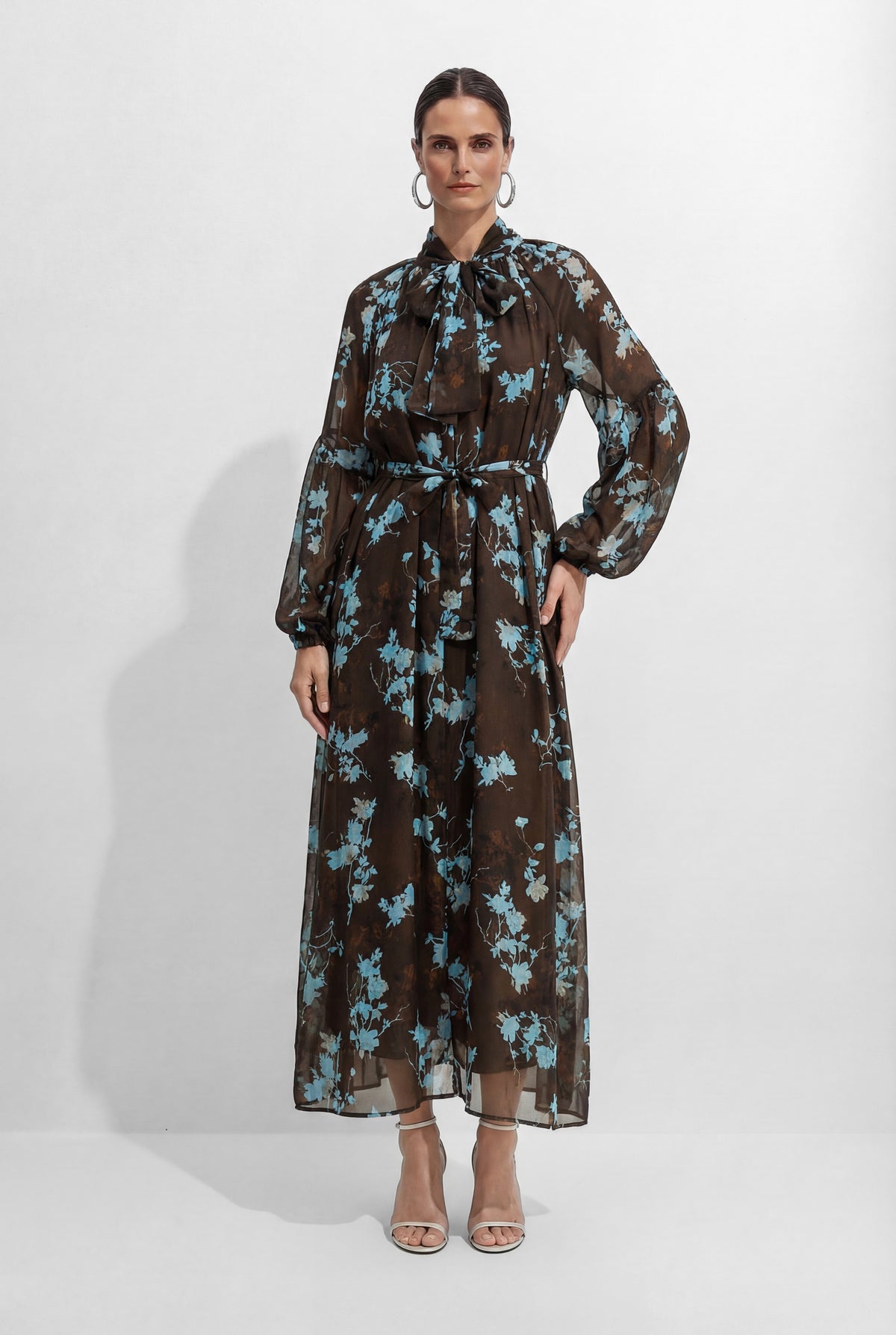Your Own Muse Dark Brown Floral Print Sheer Sleeve Maxi Dress