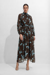 Your Own Muse Dark Brown Floral Print Sheer Sleeve Maxi Dress