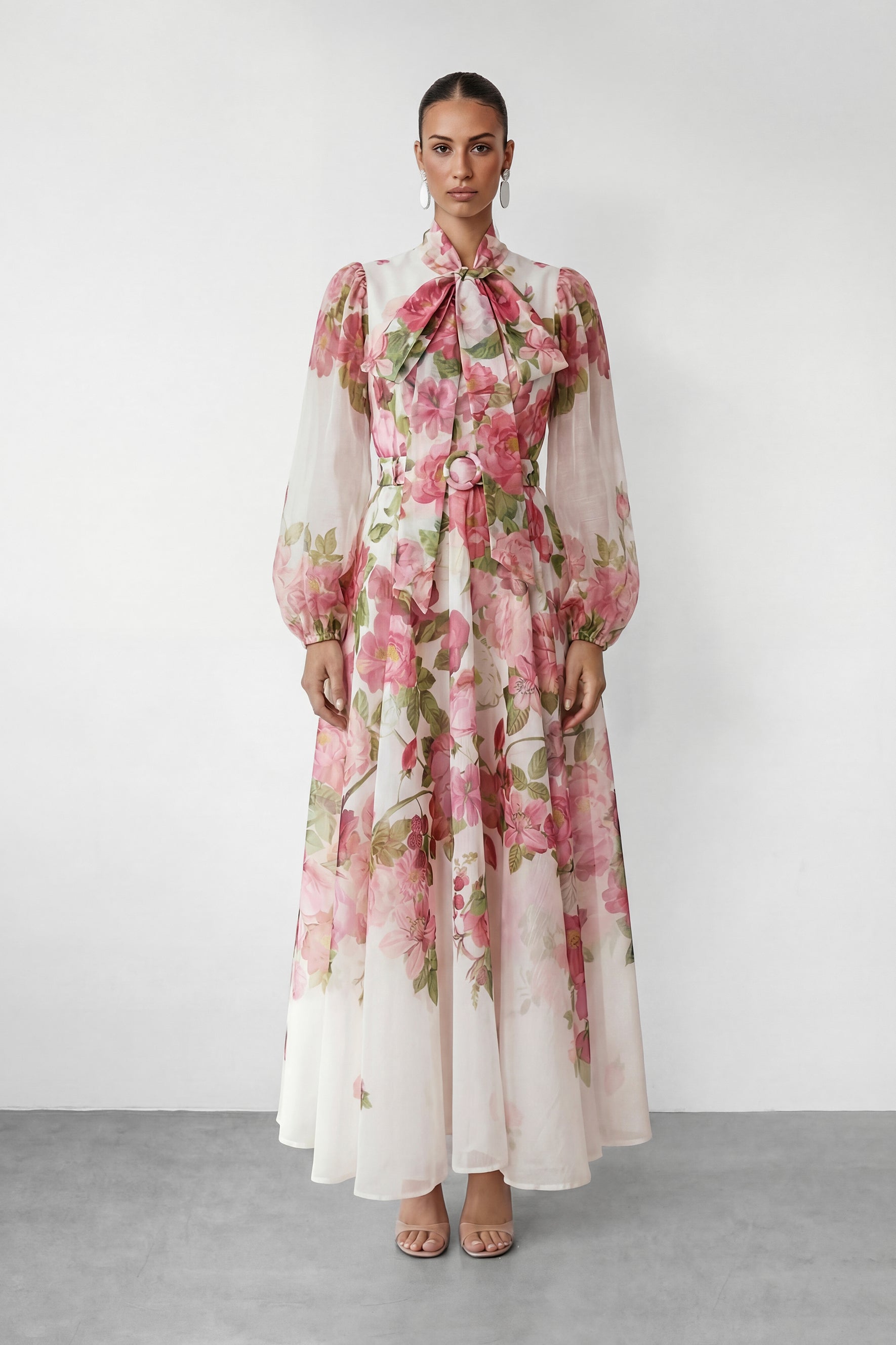 Sweet Blossom Pink Floral Print Bow Neck Maxi Dress