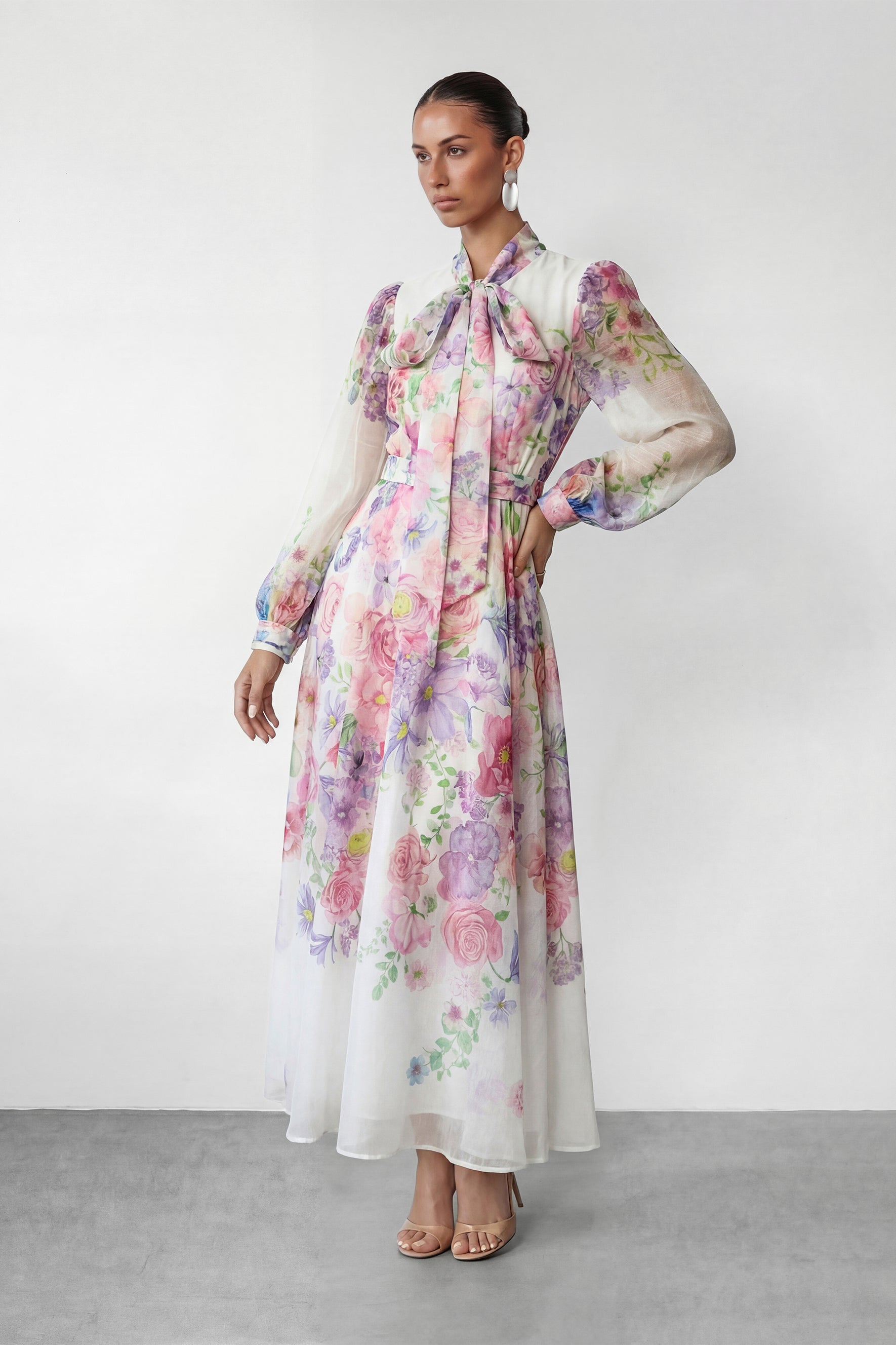 Flower Fantasy Multi Printed Puff Sleeve Maxi Dress
